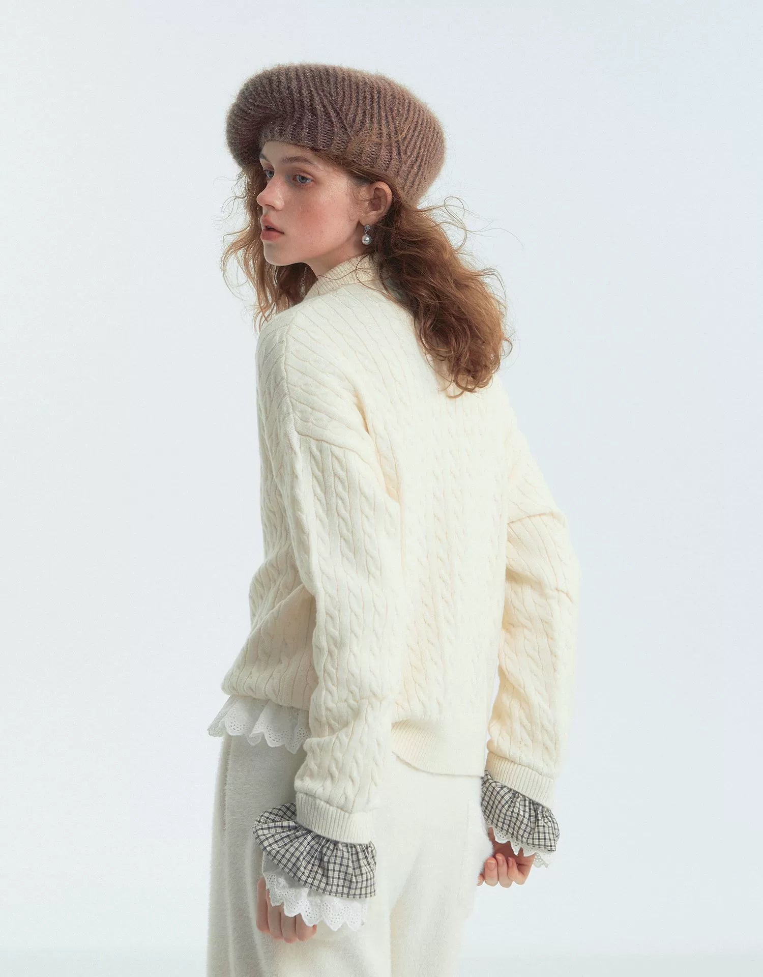 Cable‑Knit Polo Collar Plaid Splice Sweater