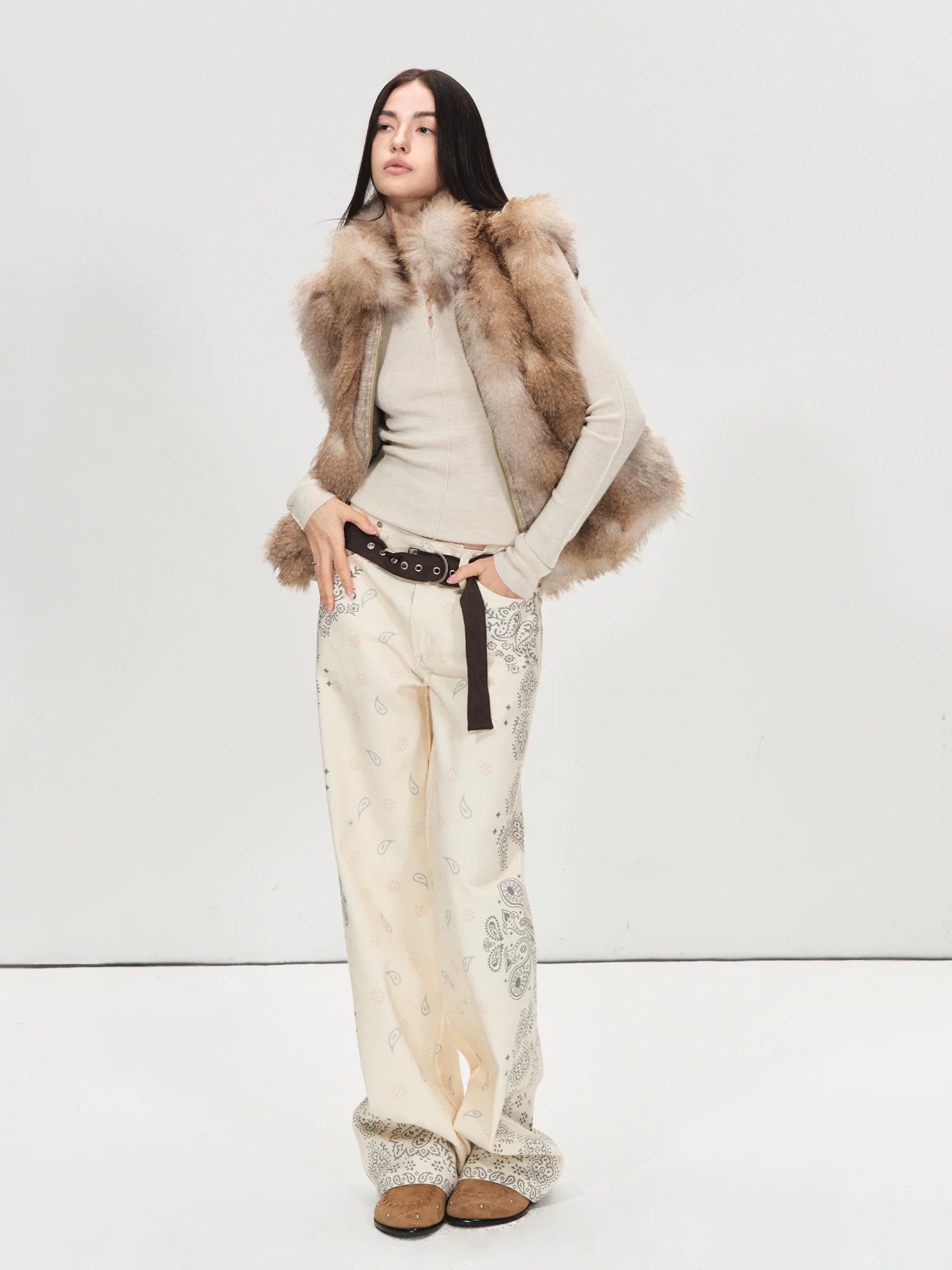 Belted Paisley Wide-Leg Pants