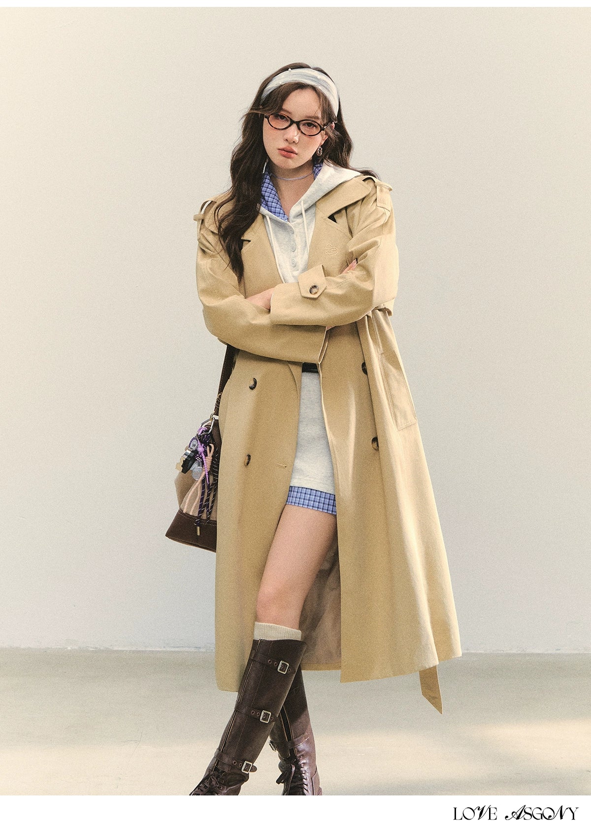 Khaki Embroidered Collar Khaki Long Trench Coat