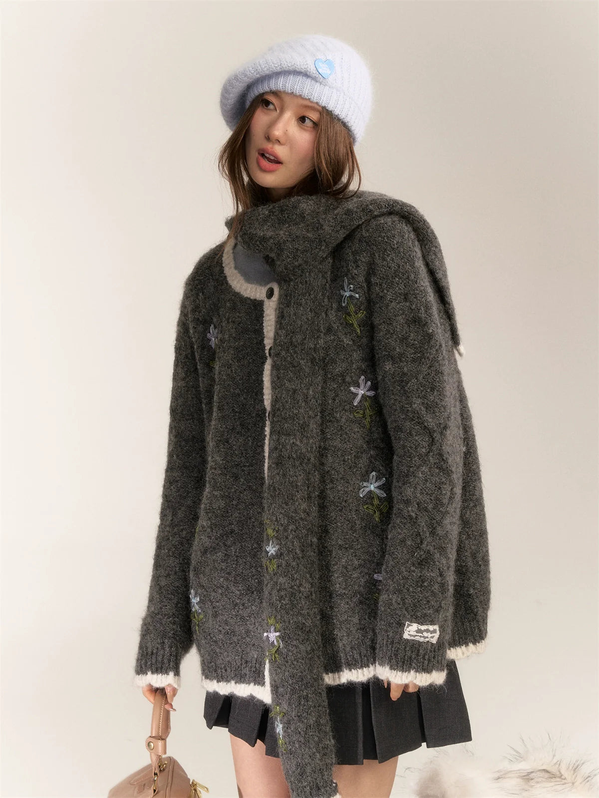 Handcrafted Floral Wool Knit Cardigan & Scarf