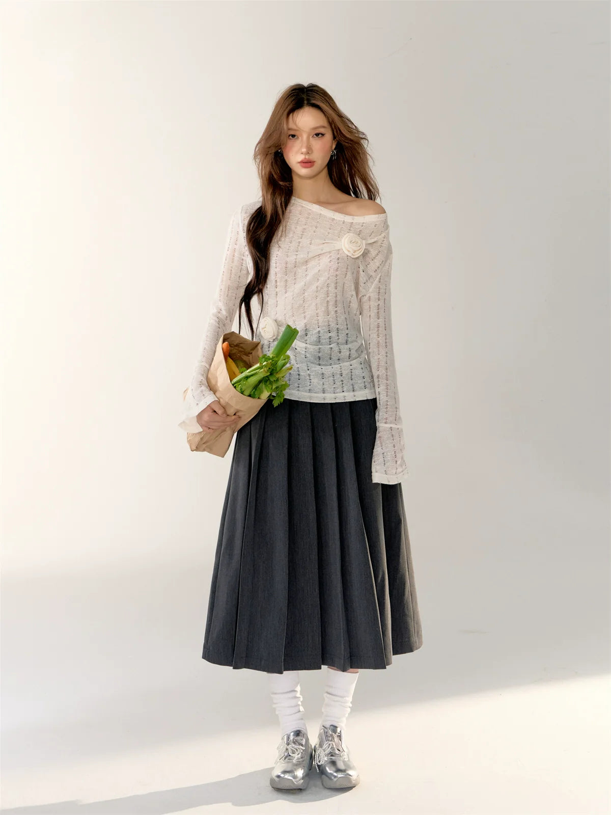 Black & Gray Hollow Knit 3D Floral Blouse