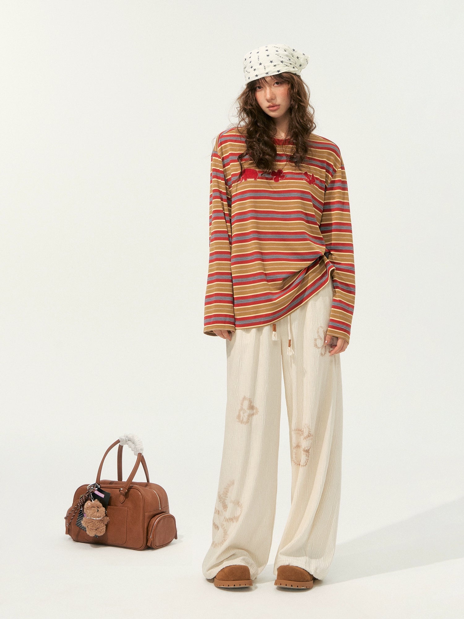 Color-Block Applique Embroidered Striped Long-Sleeve T-Shirt