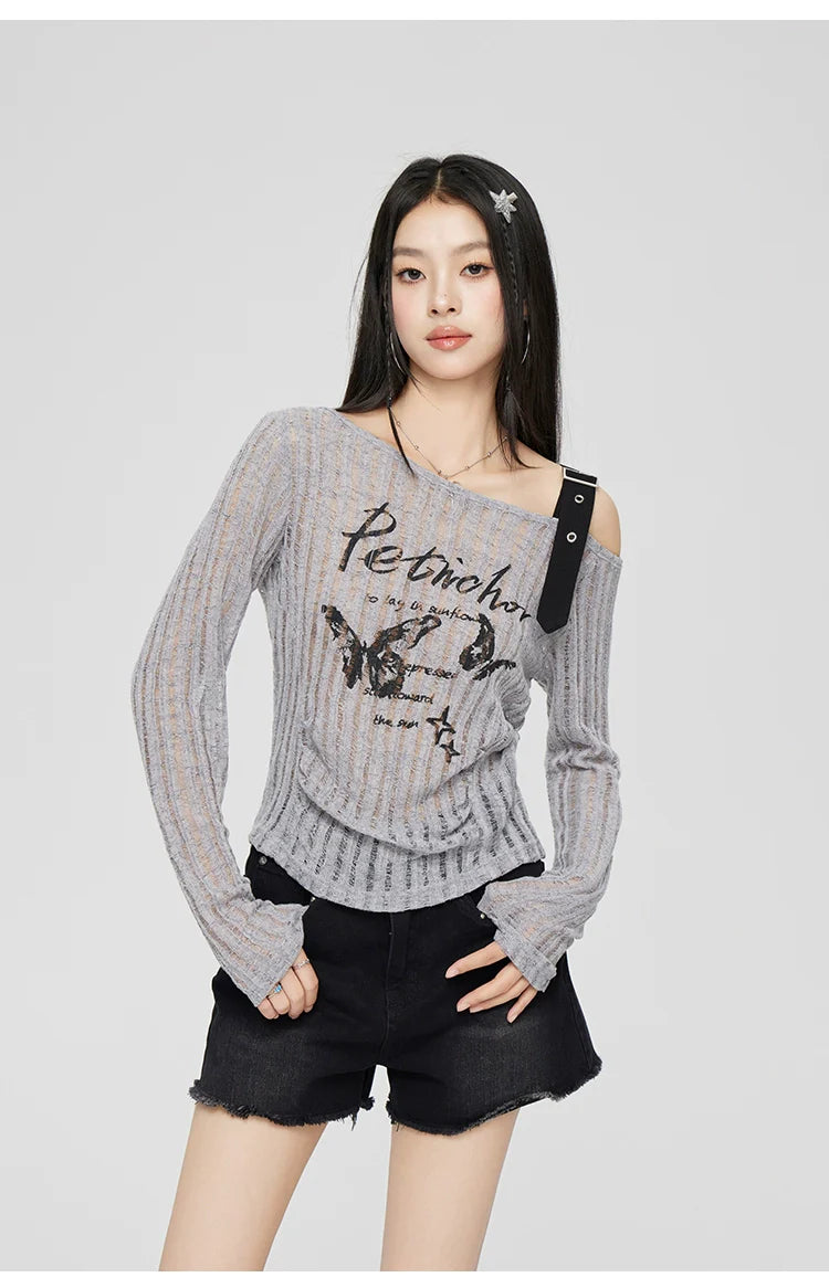 Gray & Beige Hollow Off-shoulder Long Sleeve T-shirt