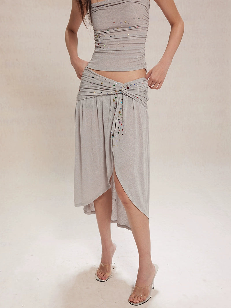 Rhinestone Strap Knit Tube Top & Skirt Set