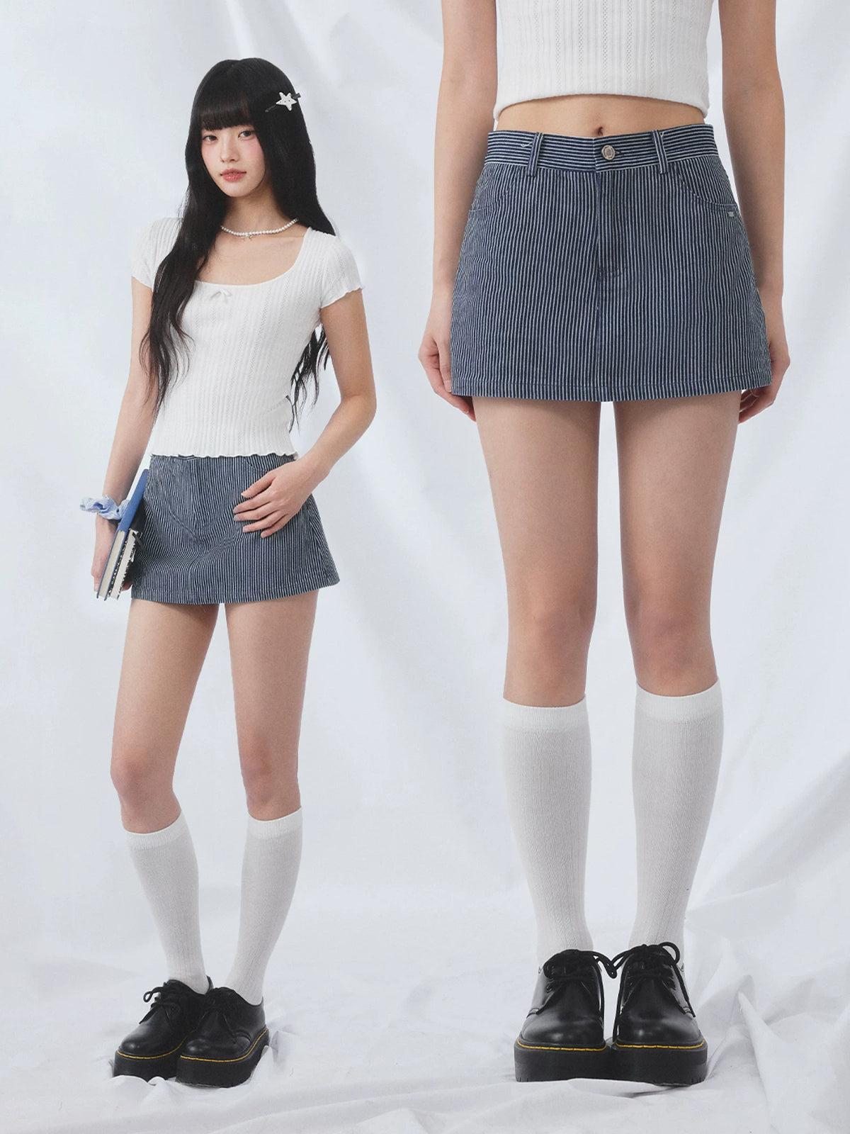 Blue Striped Denim Skirt