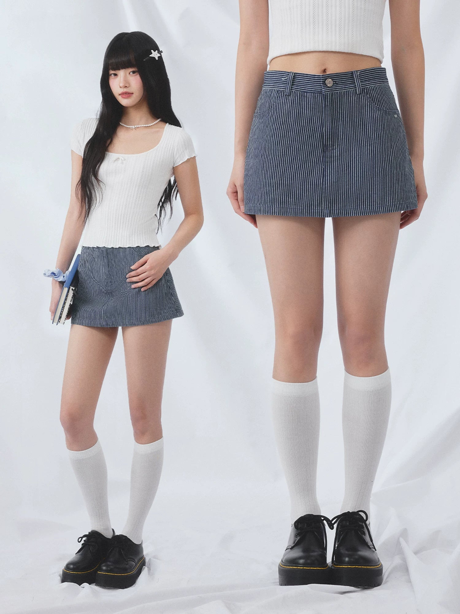 Blue Striped Denim Skirt