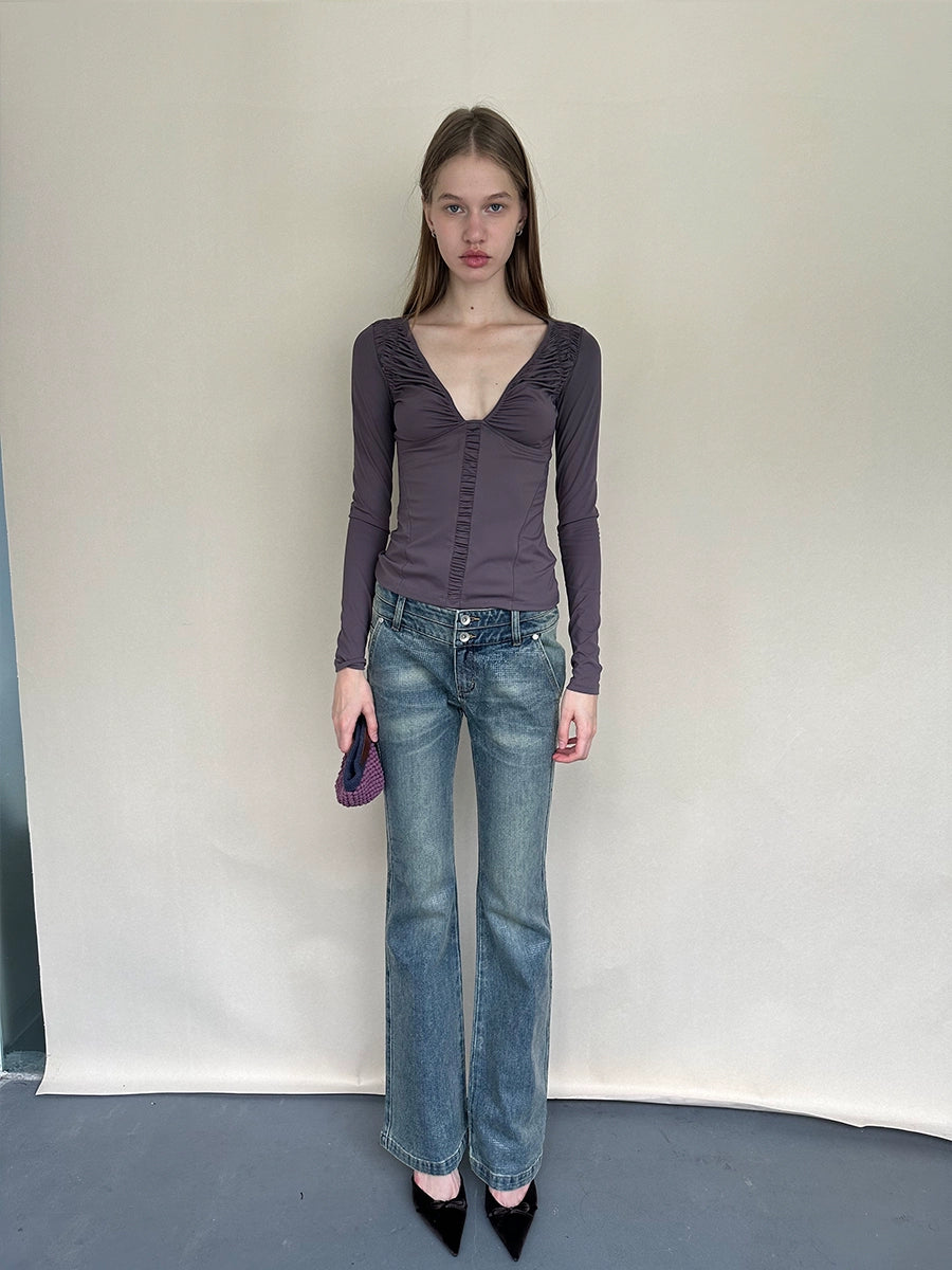 Ruched Low-Neck Knit Top