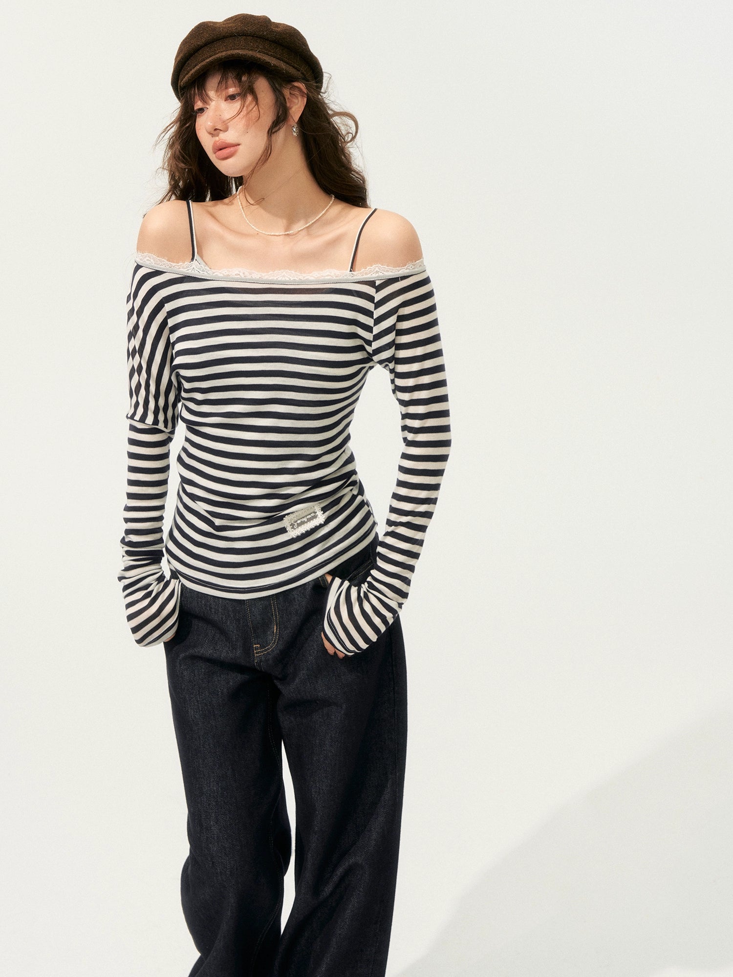 Striped Asymmetric Shoulder Fake Two-Piece T-Shirt