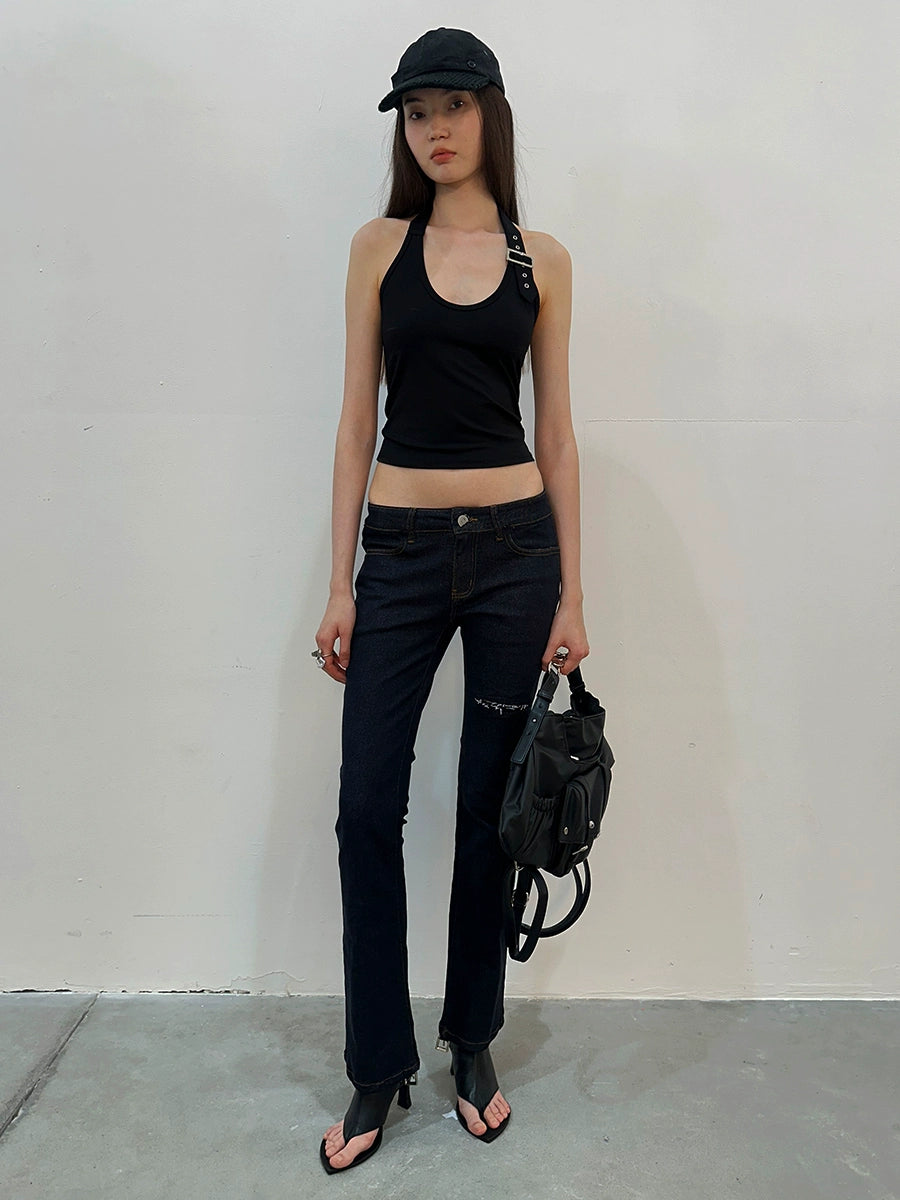 Dark Blue Lace Paneled Cutout Slim Jeans