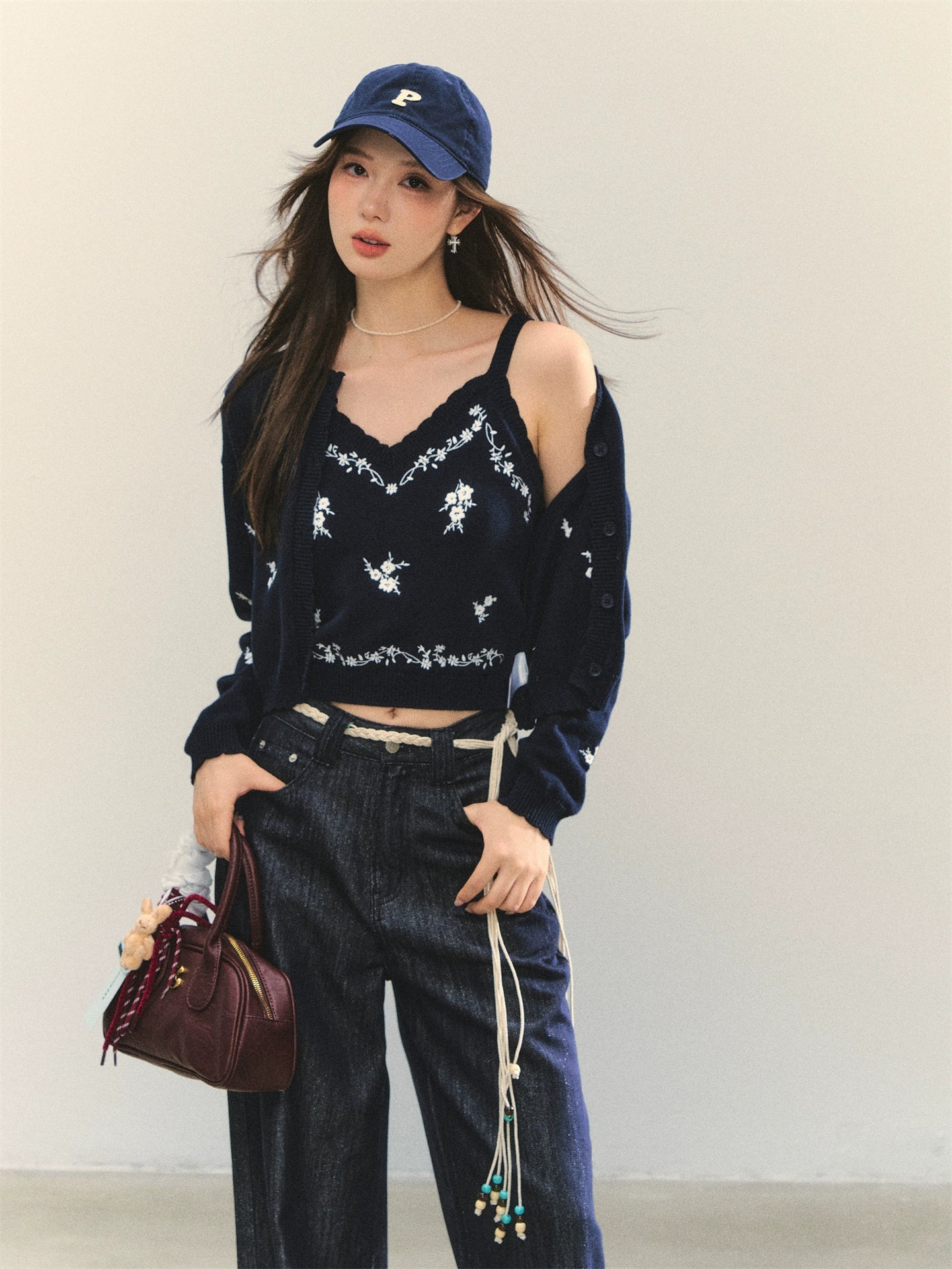 Navy Floral Embroidered Cardigan & Camisole Set