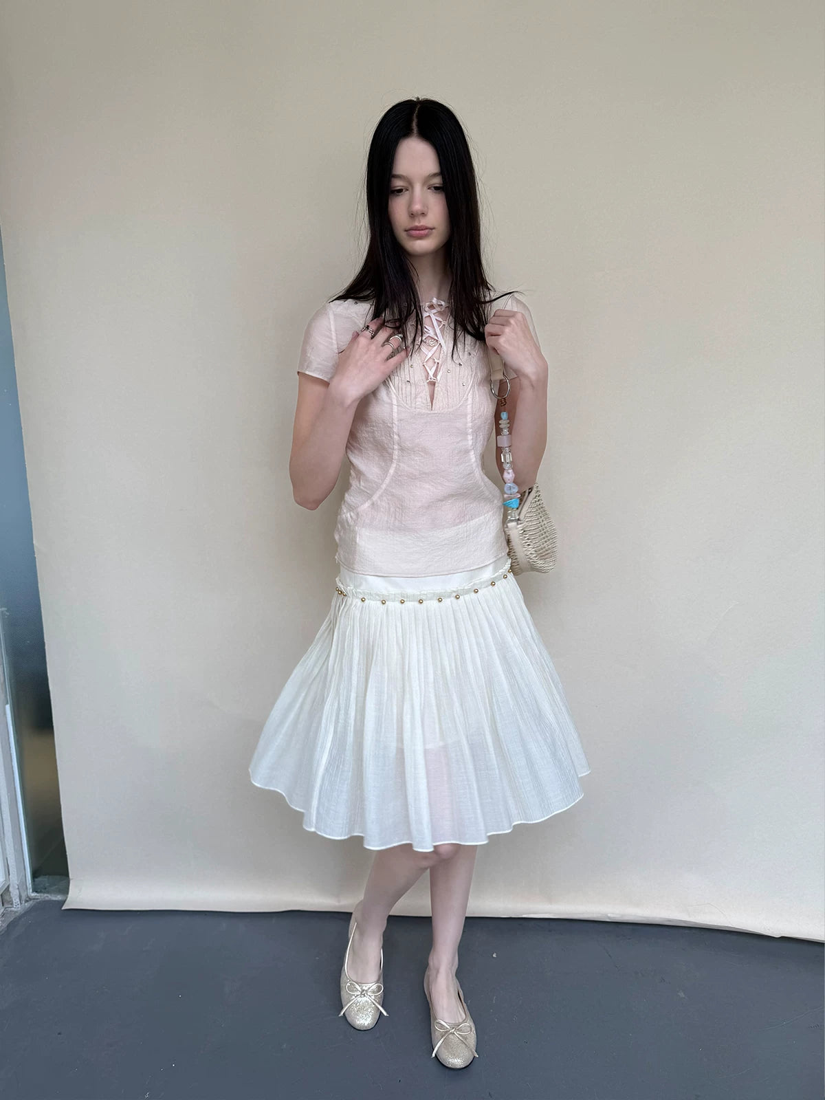 Beaded A-line Pleated Tencel Skirt