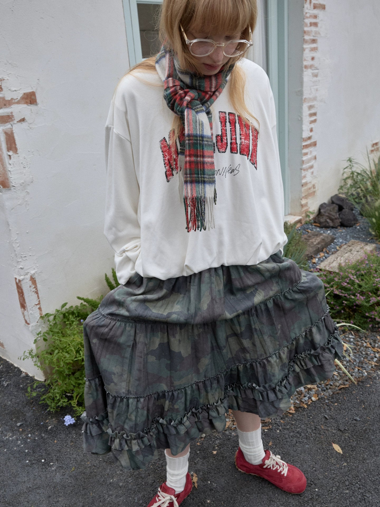 Camouflage Frayed Ruffle Layered Skirt
