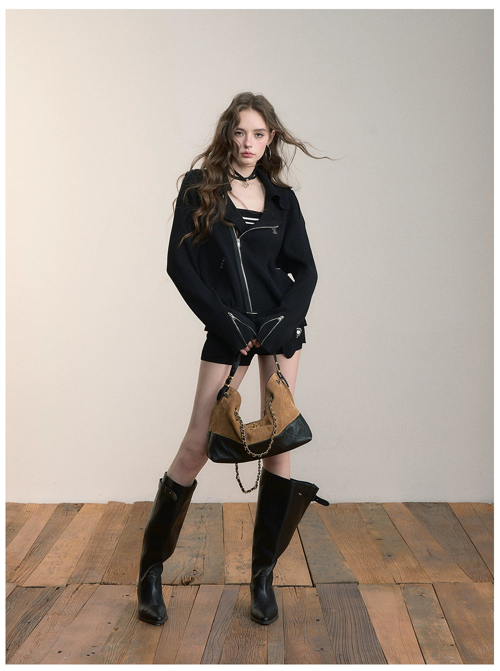 Black & Off-white Heavy Zip Knit Jacket