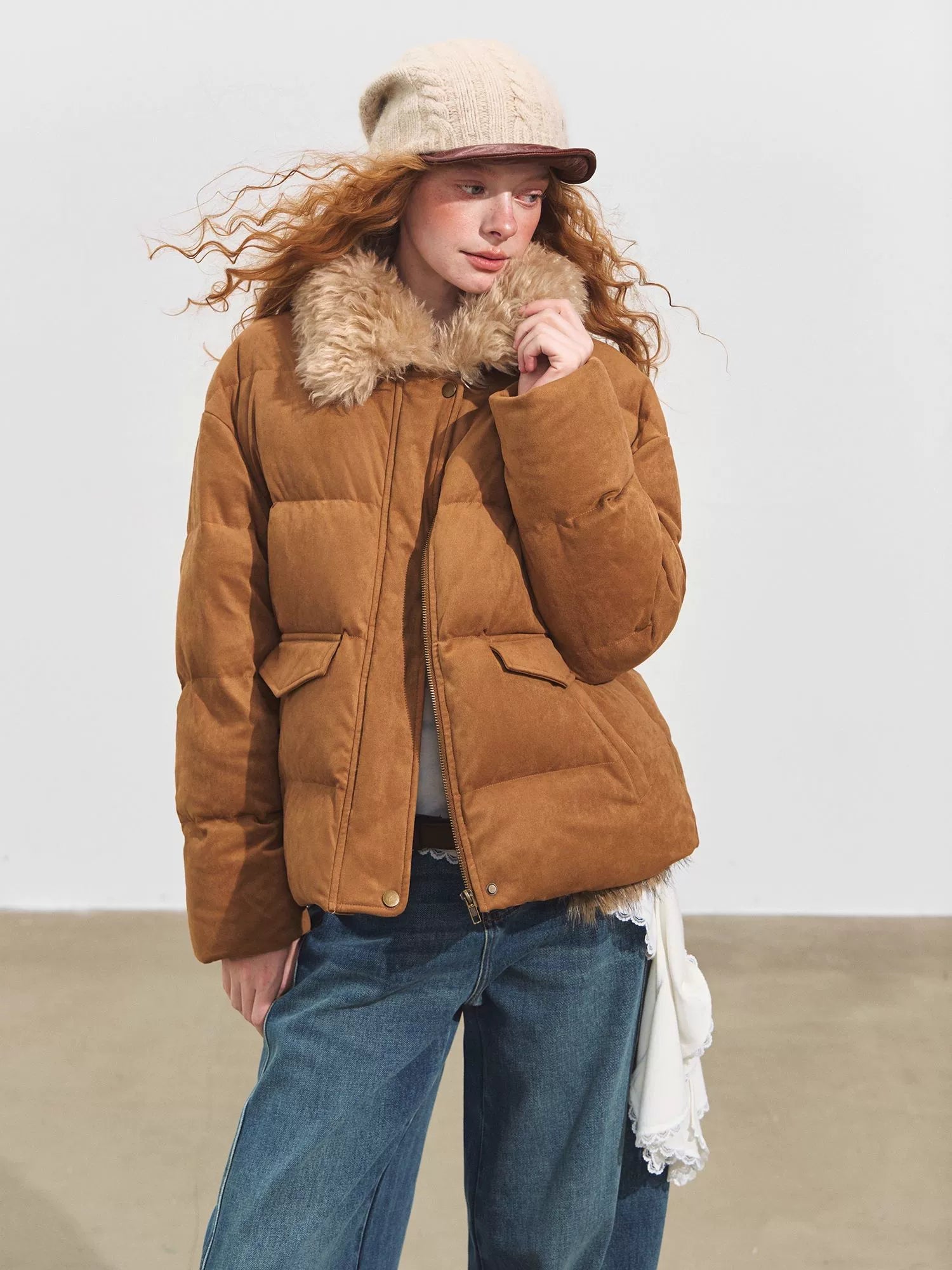Faux Suede Fur Collar Down Jacket