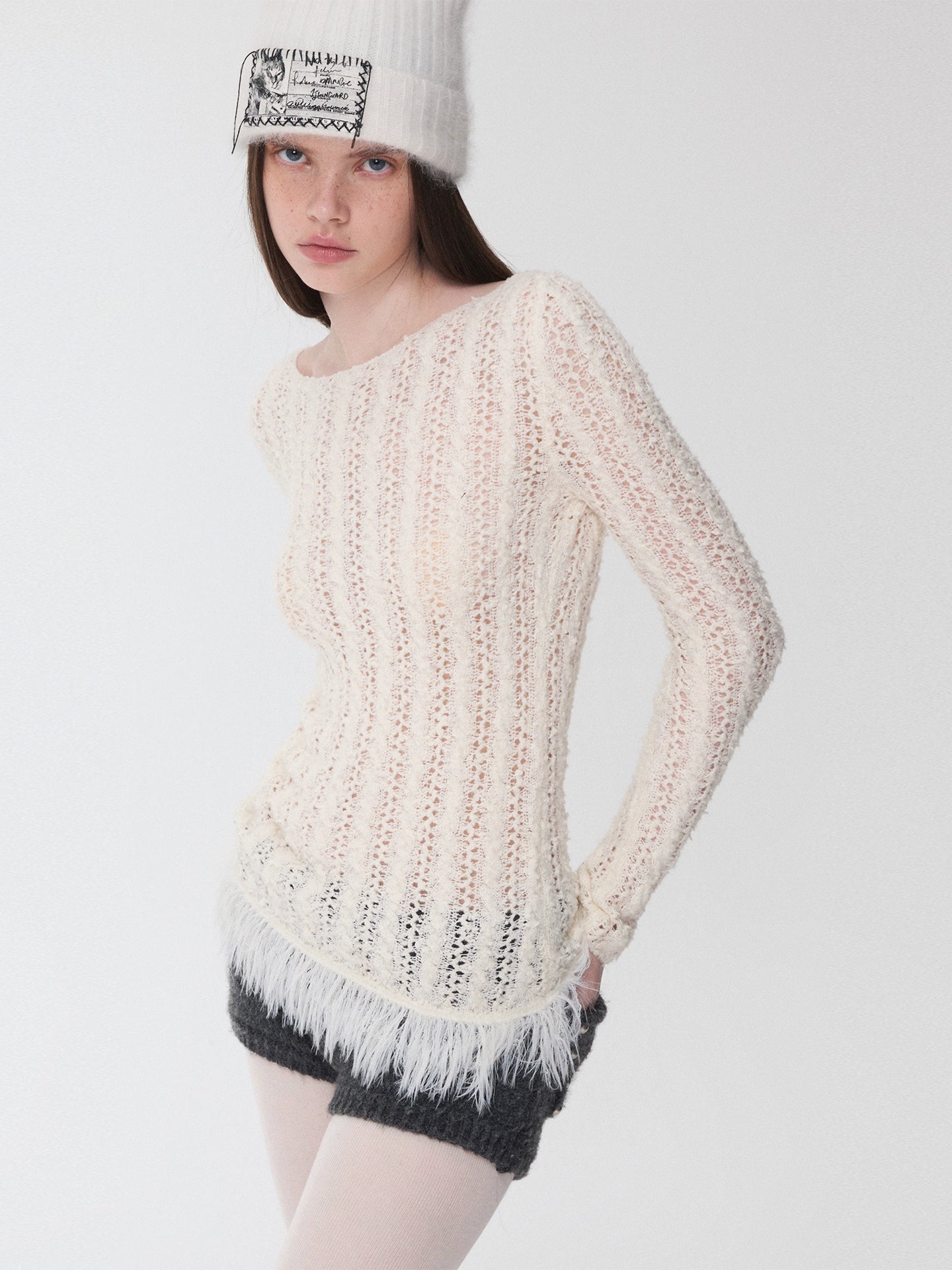 Cable Knit Faux-Fur Trim Fitted Sweater