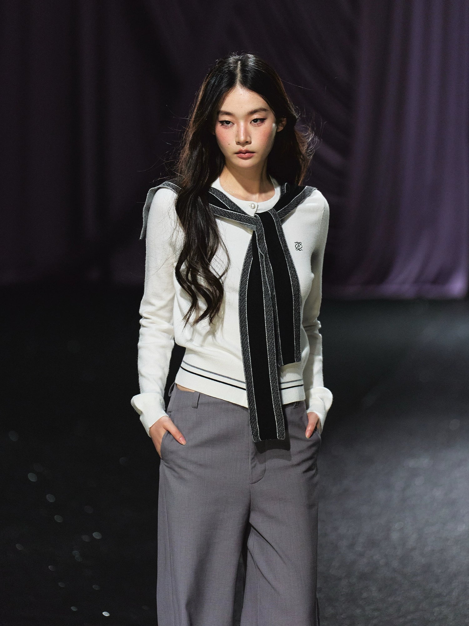 Miu-Inspired Contrast Trim Slim-Fit Knit Cardigan