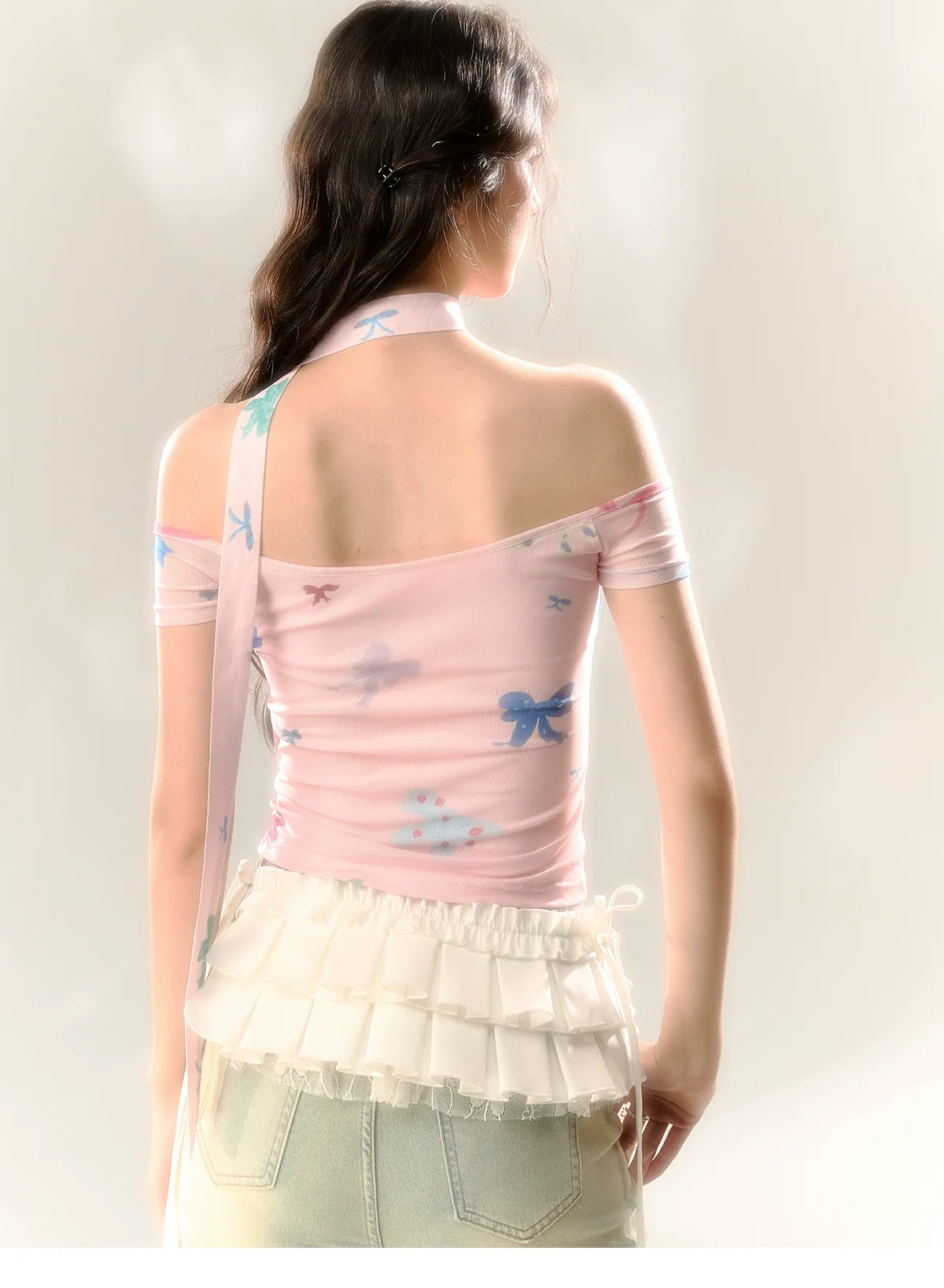 Red Polka Dot & Pink Butterfly Mesh One-shoulder T-shirt