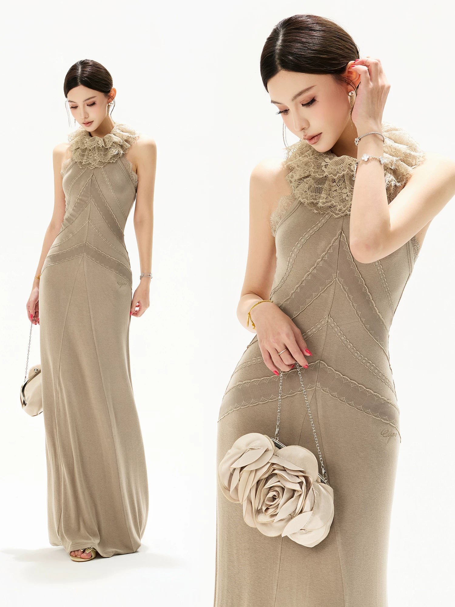 Ruffle Halter Knit Maxi Dress