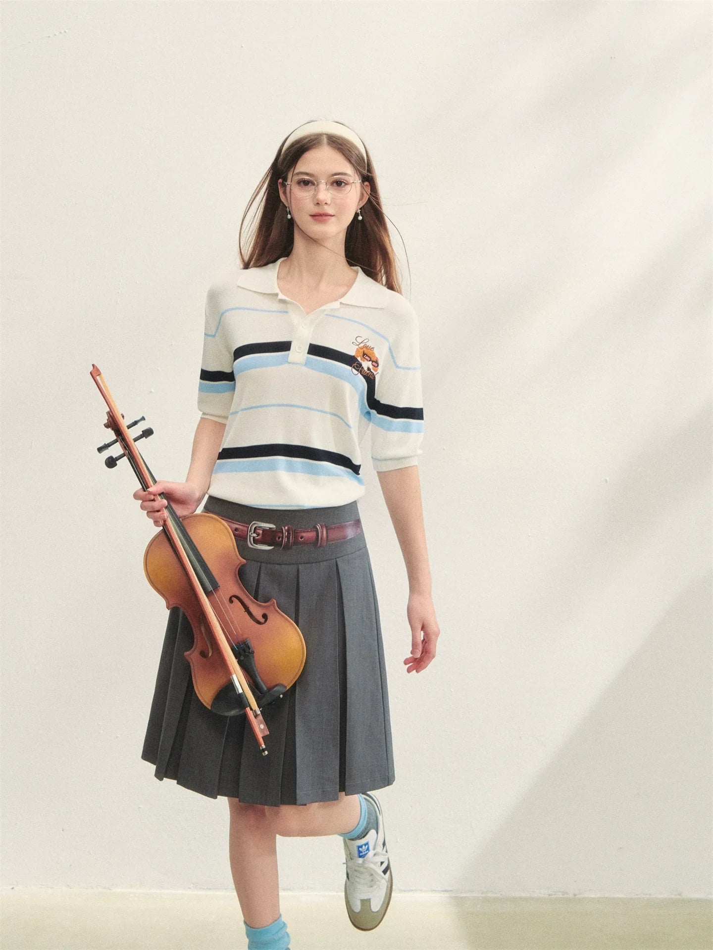 Embroidered Striped Knitted Short-sleeve Polo Shirt