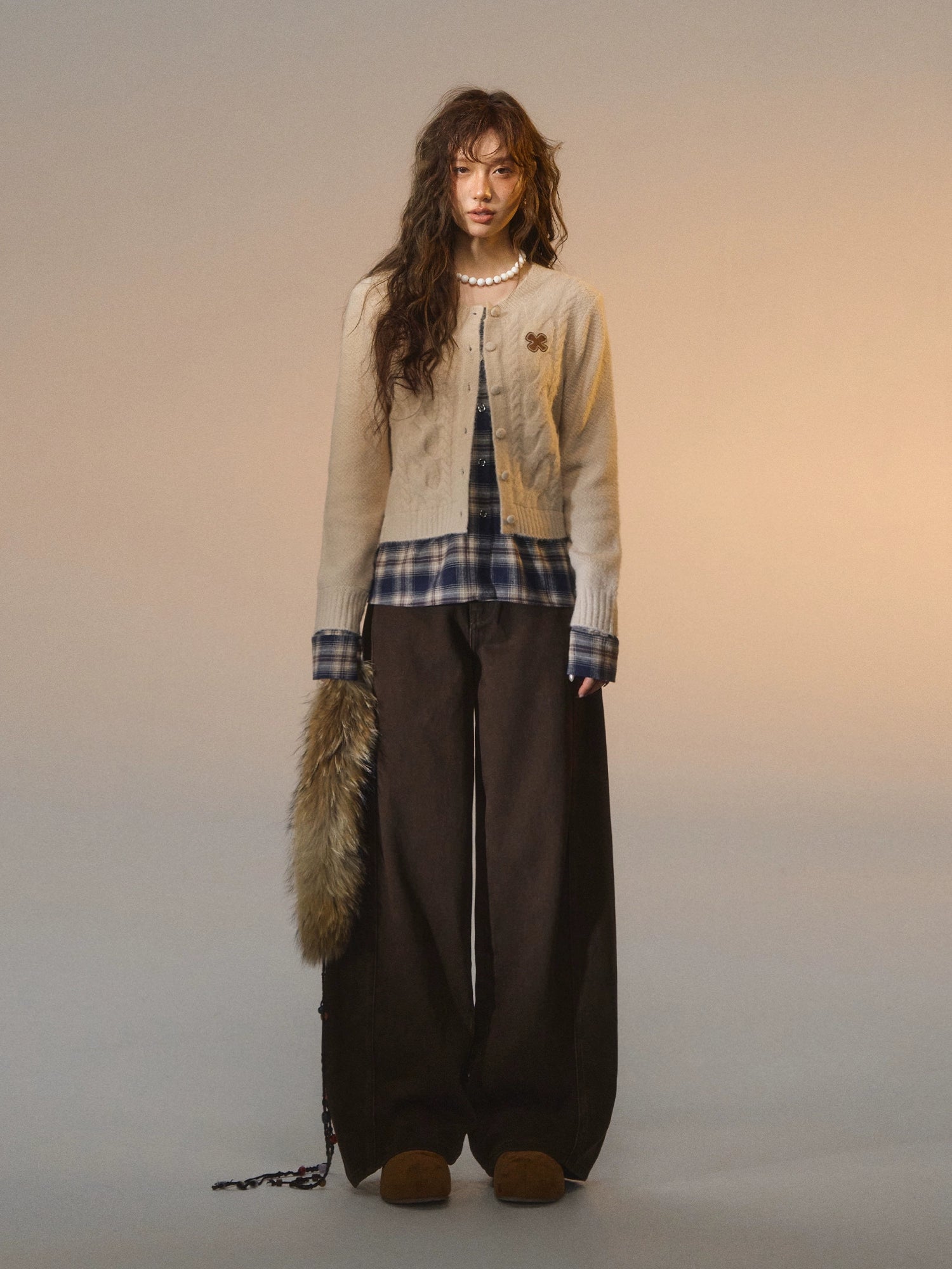 Plaid Layered Cable Cardigan