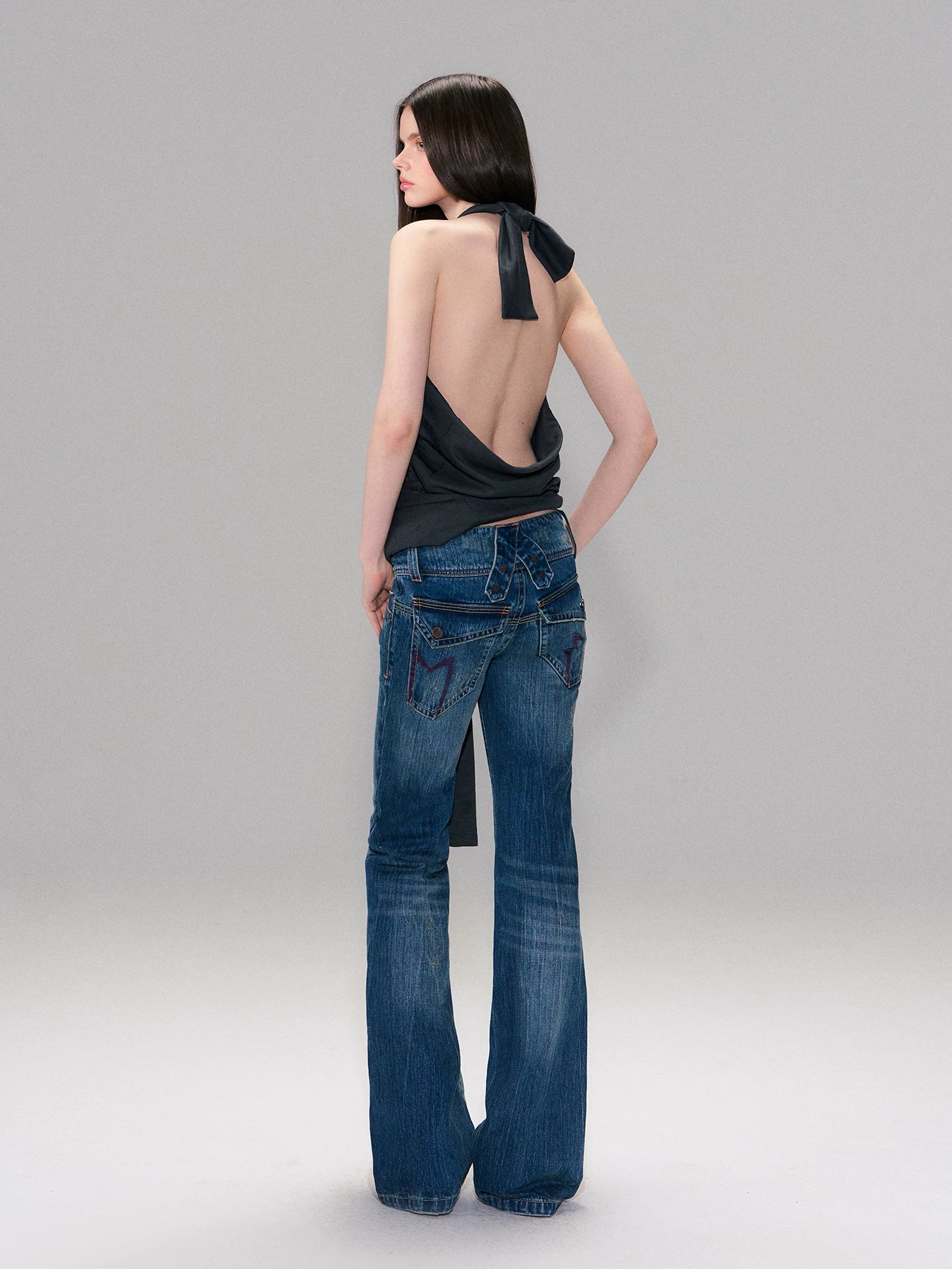 Dark Blue Vintage Hand-Brushed Flare Jeans