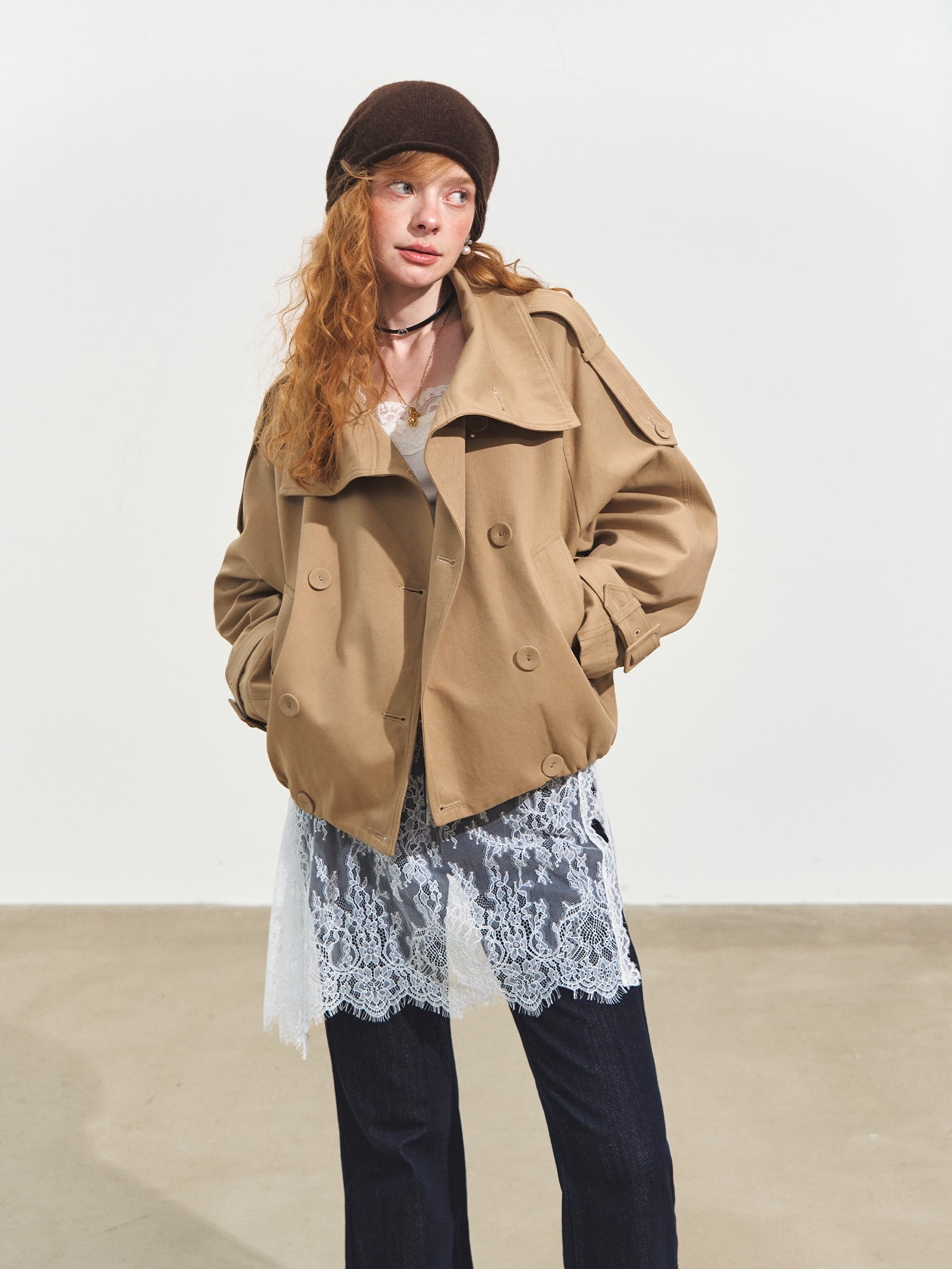 Plaid Lapel Double-Breasted Trench Coat