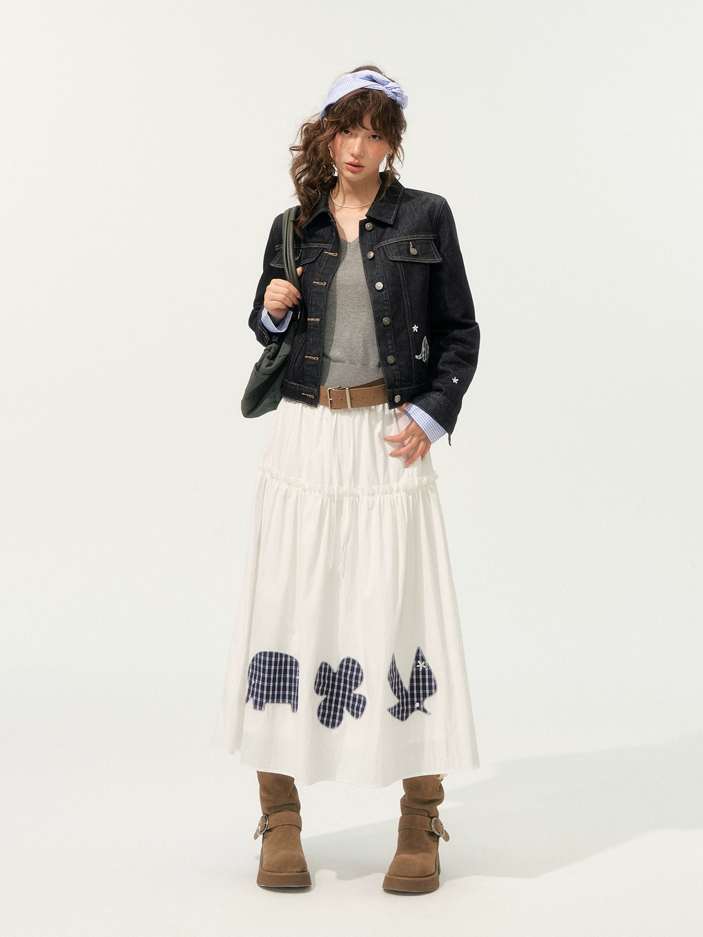 Denim Embroidered Cropped Jacket Set
