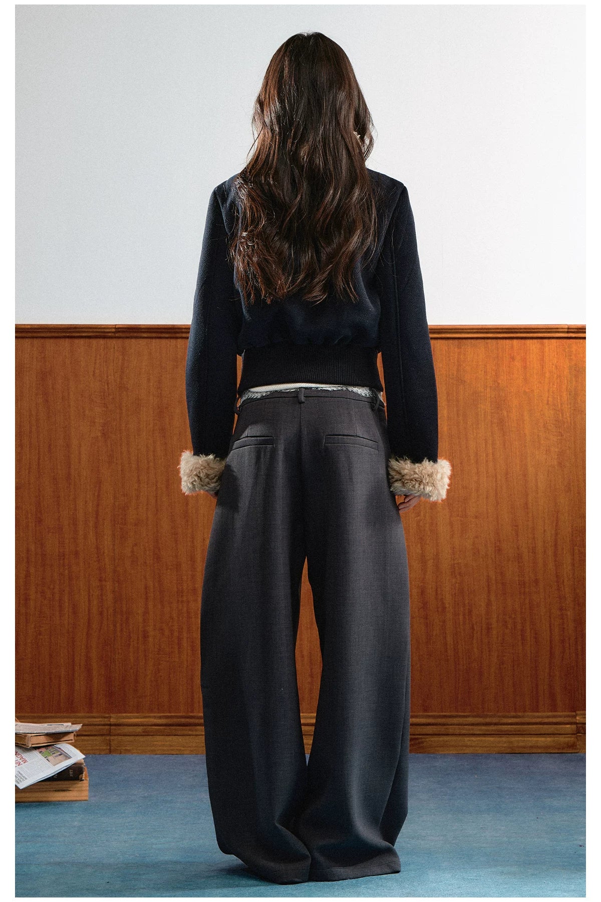 Navy Blue Vintage Faux Fur Collar Jacket
