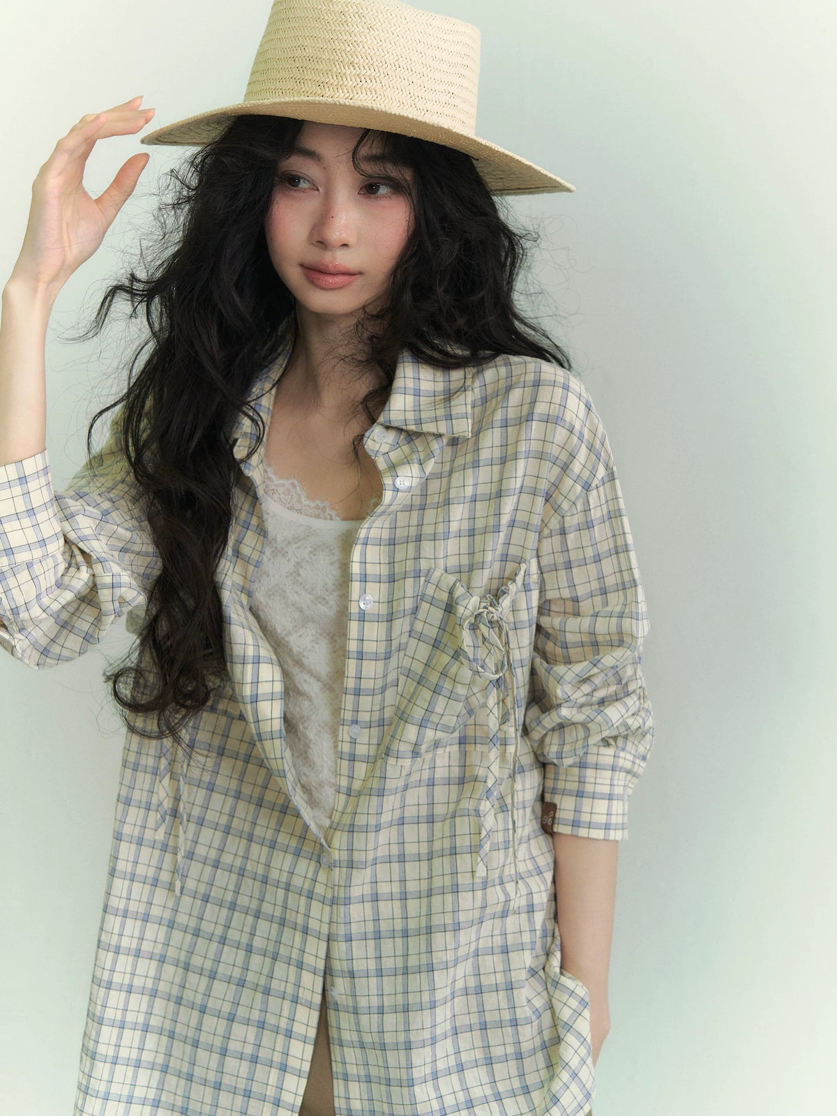 Drawstring Pocket Plaid Shirt