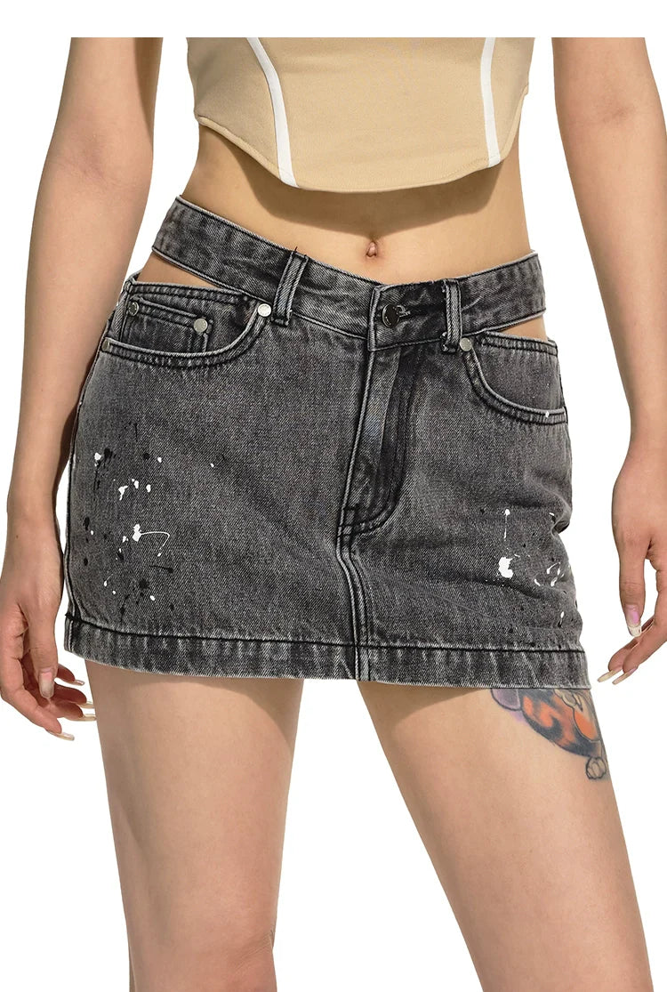 Gray Triangle Cutout Bodycon Denim Mini Skirt