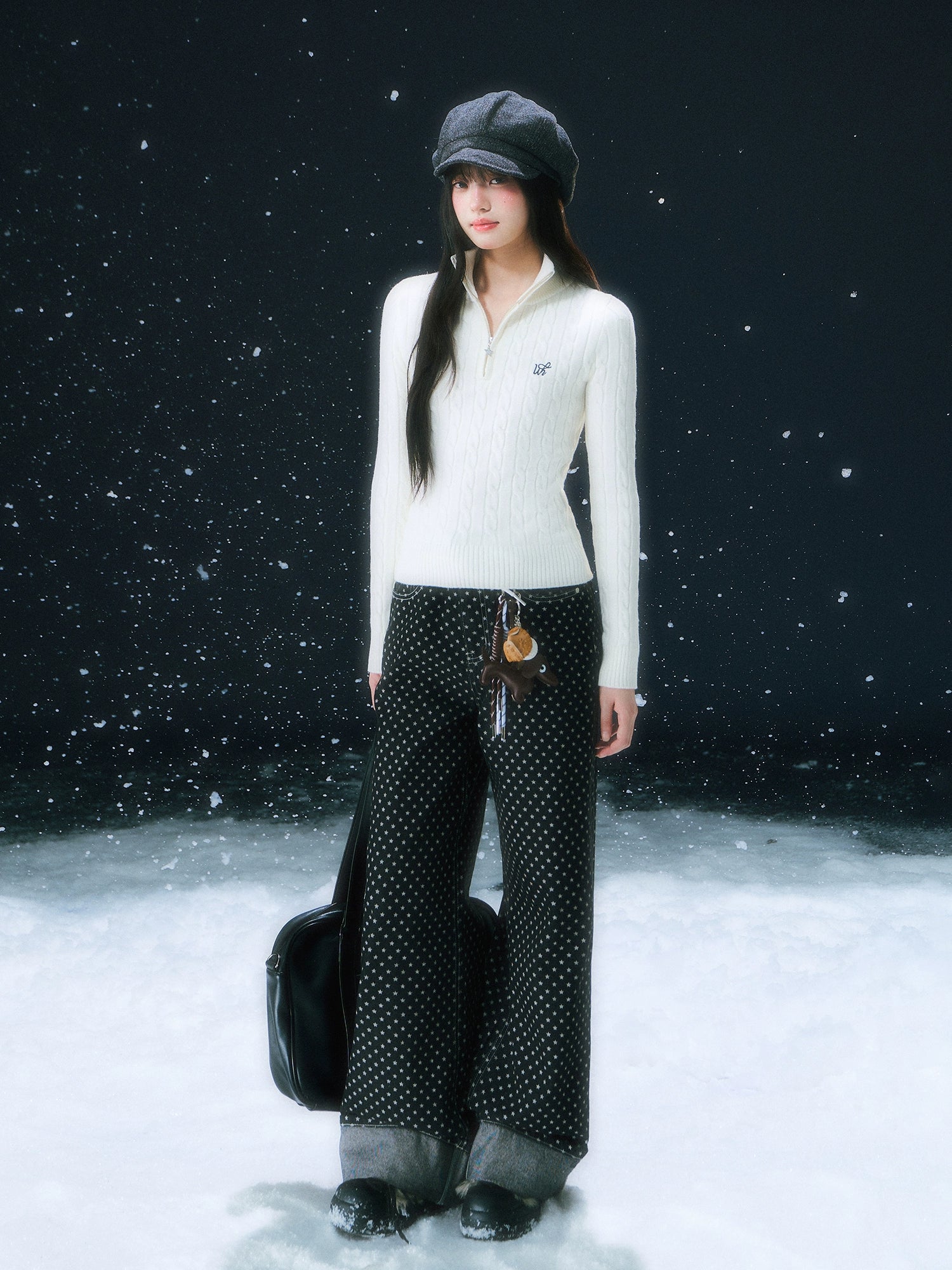 Star Pattern Wide-Leg Denim Pants