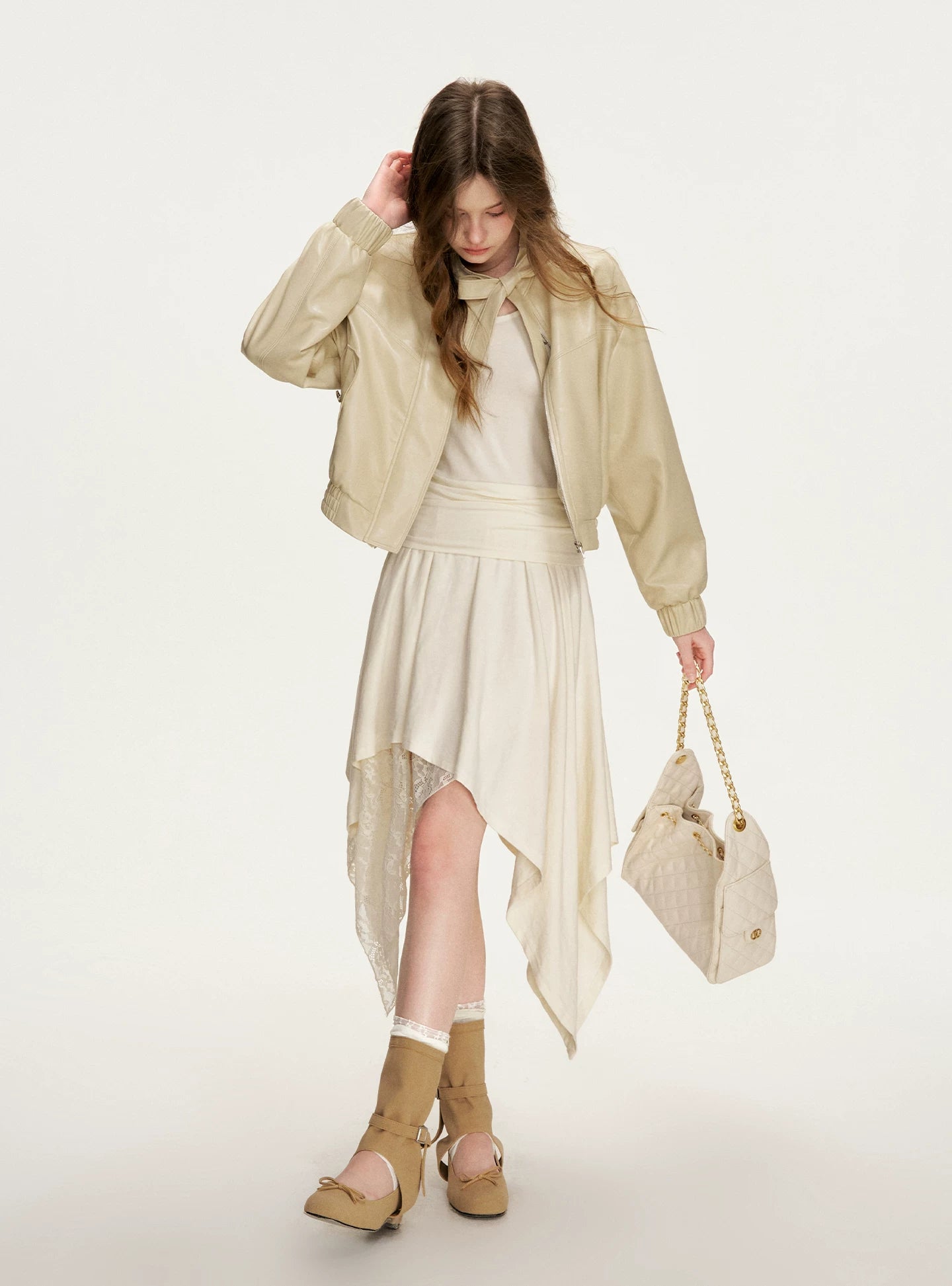 Apricot Lace Ruched Dress