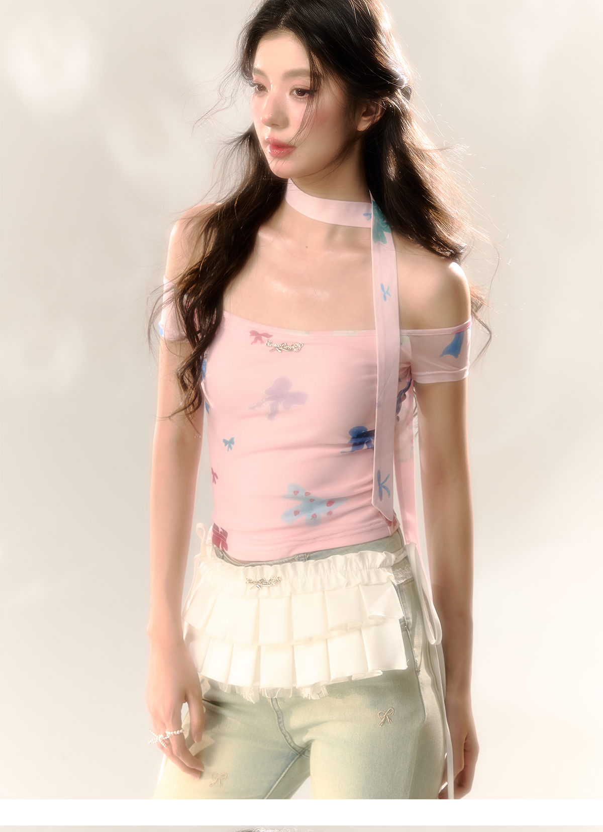 Red Polka Dot & Pink Butterfly Mesh One-shoulder T-shirt