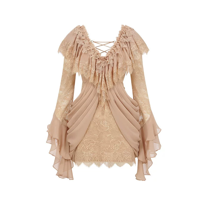 V-Neck Lace Pleated Dress