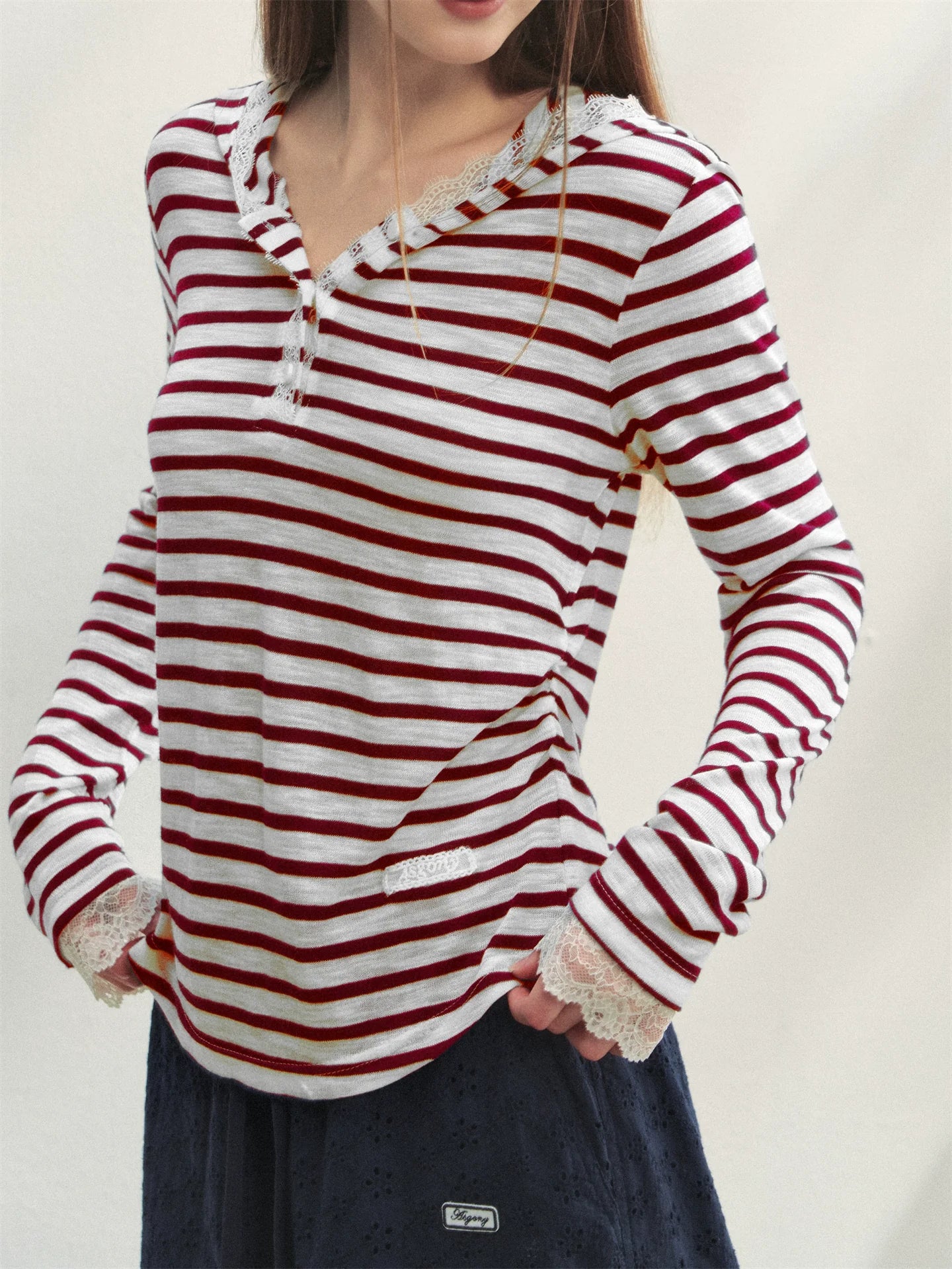 Striped Color-block Lace Spliced T-Shirt