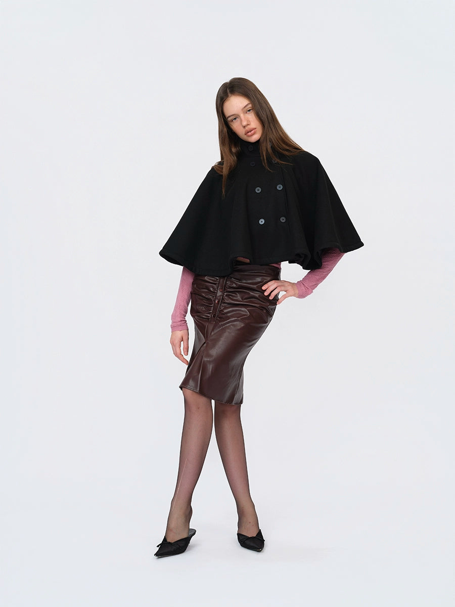 Black Wool Short Double-breasted Cape