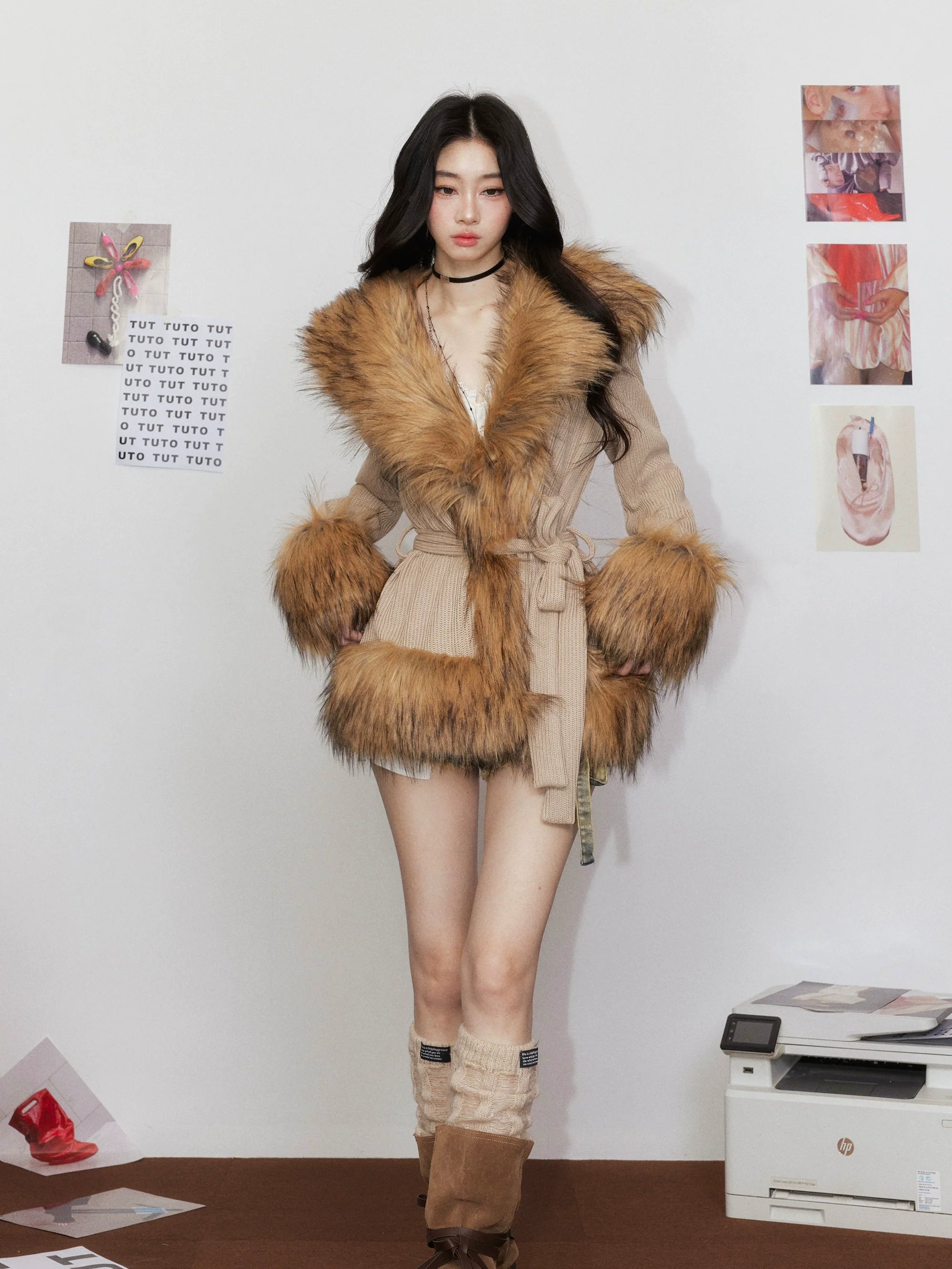 Knitted Fur Thickened Waist-Cinching Coat
