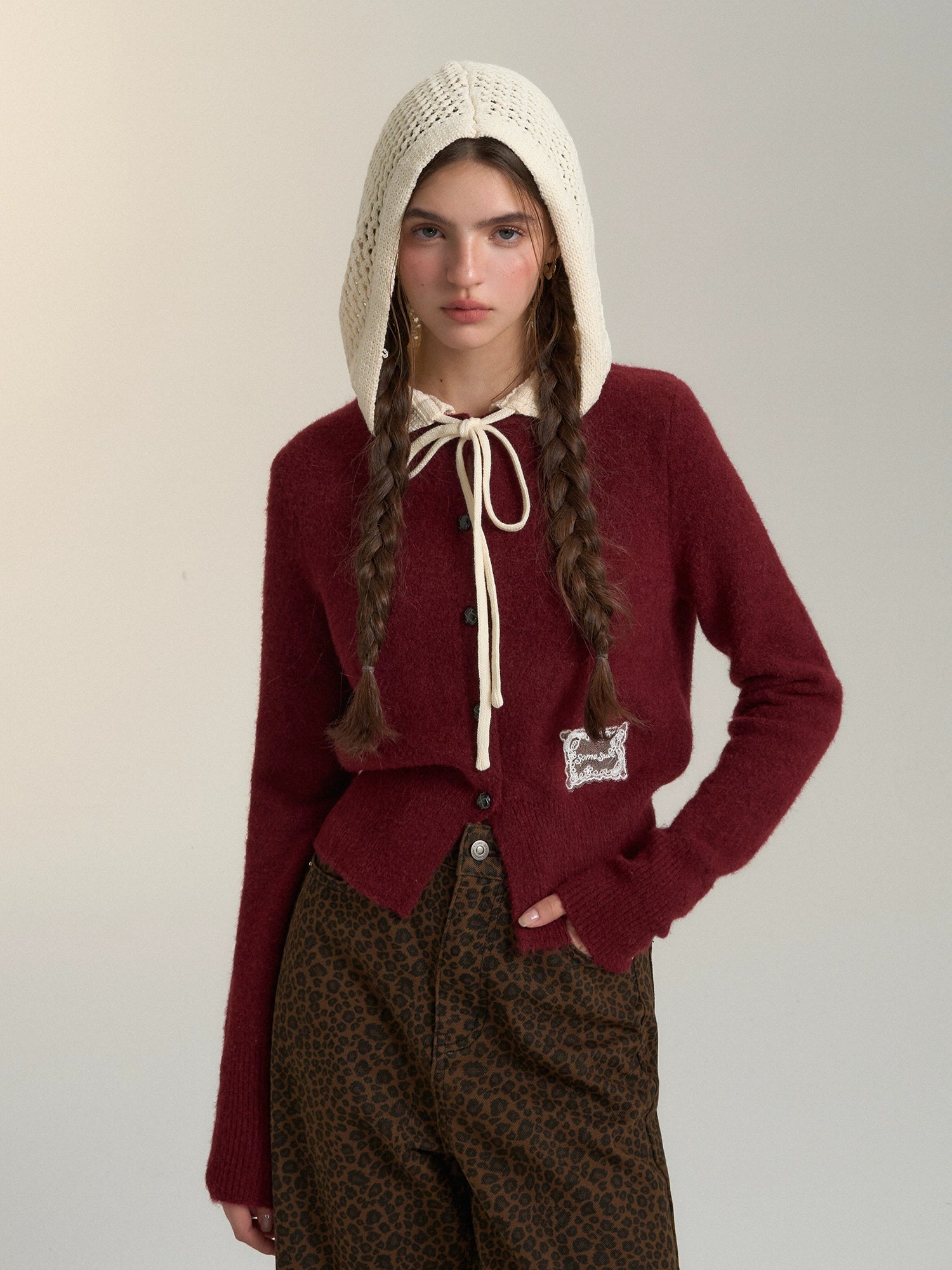 Hollow‑Knit Hooded Cardigan