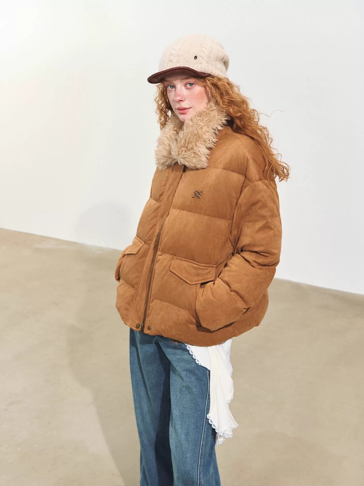 Faux Suede Fur Collar Down Jacket