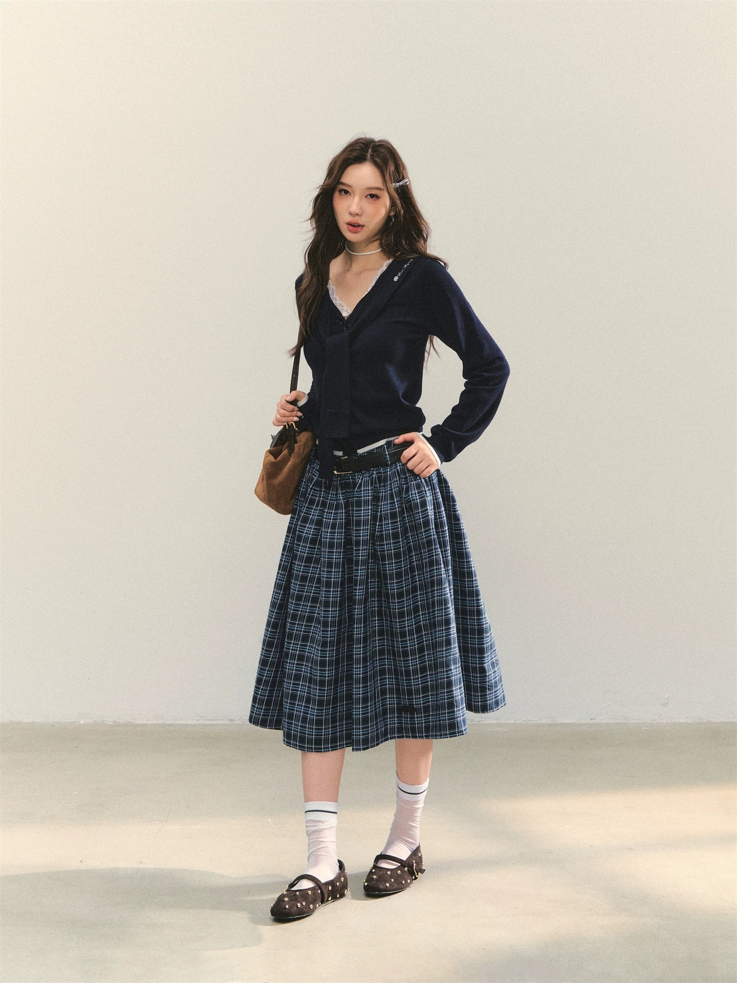 Blue Belted Plaid Skirt
