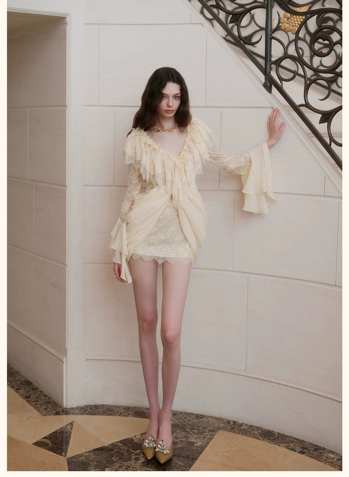 V-Neck Lace Pleated Dress