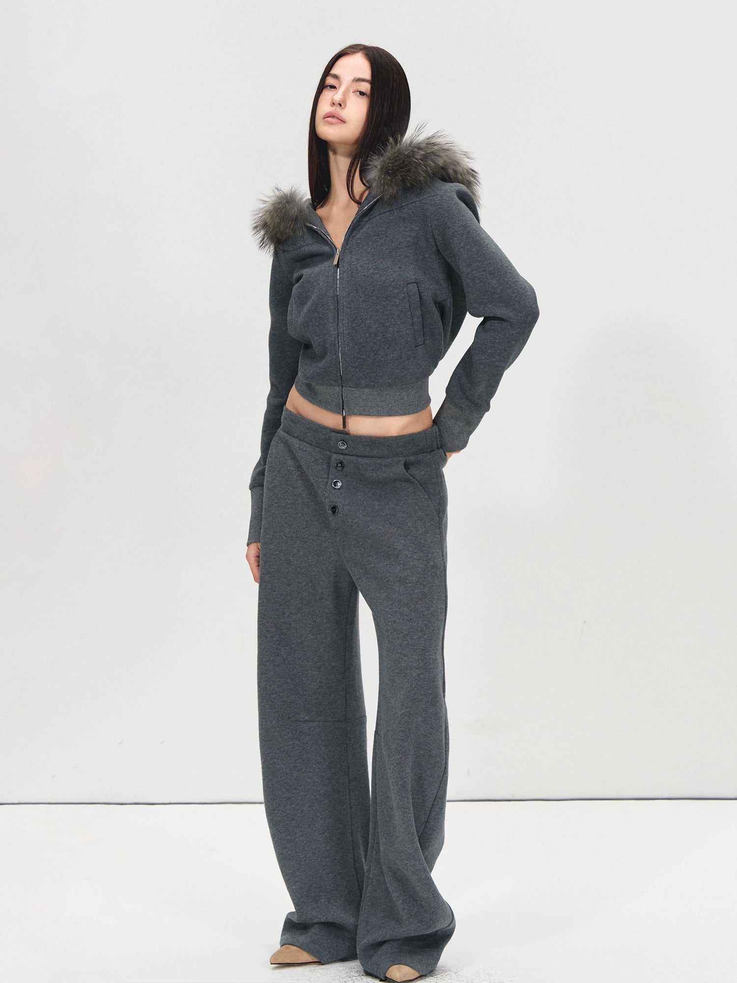 Detachable Fur Collar Hoodie & Sweatpants Set