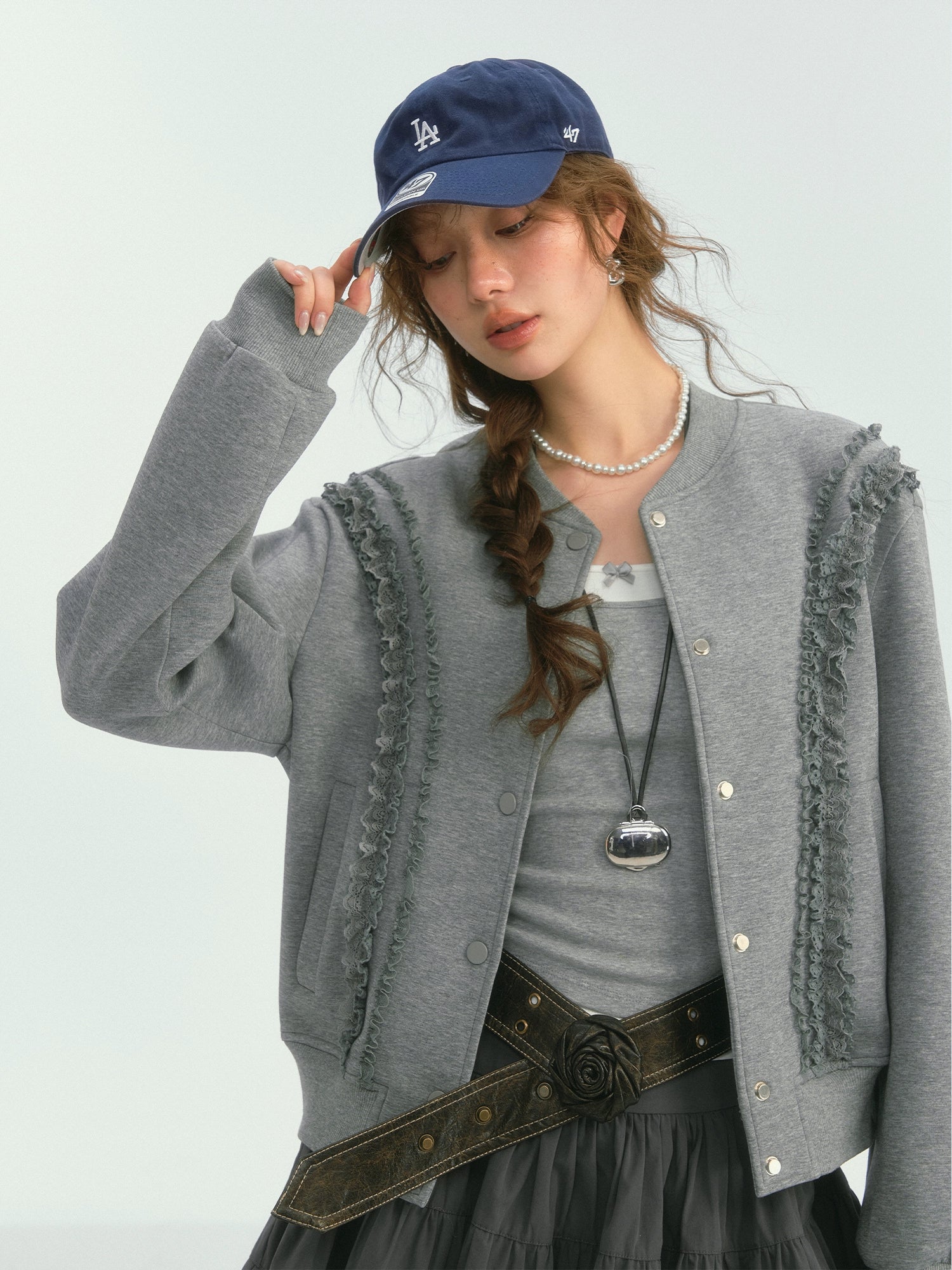 Lace‑Trim Baseball Jacket