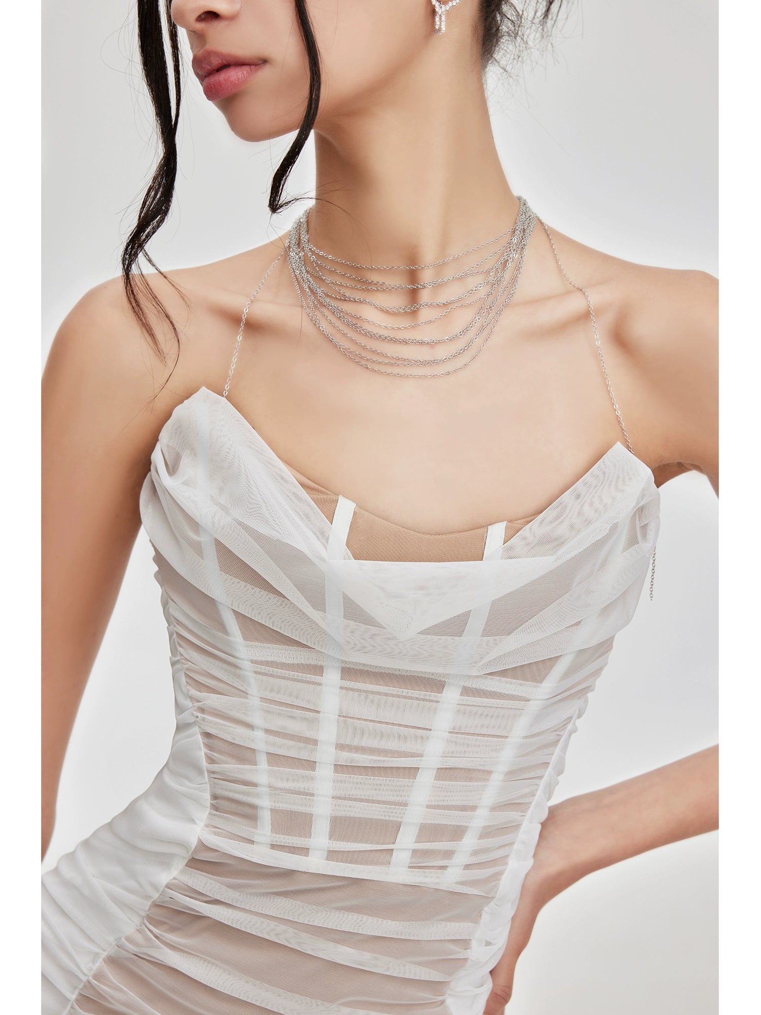 Mesh Ruched Strapless Dress