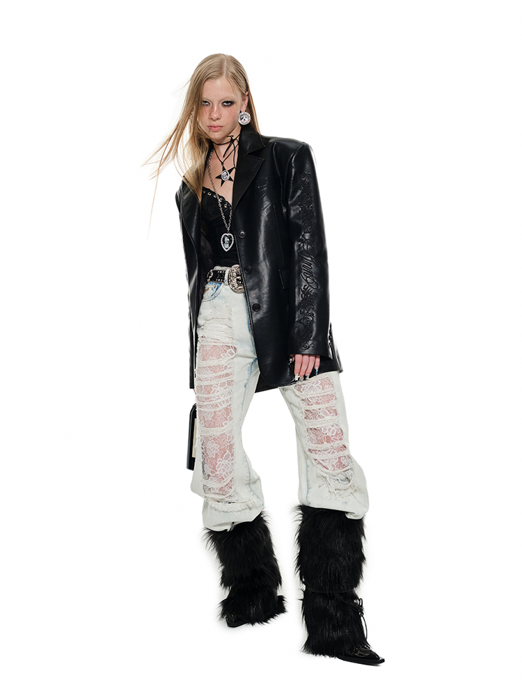 Black & White Floral Embroidered Leather Blazer