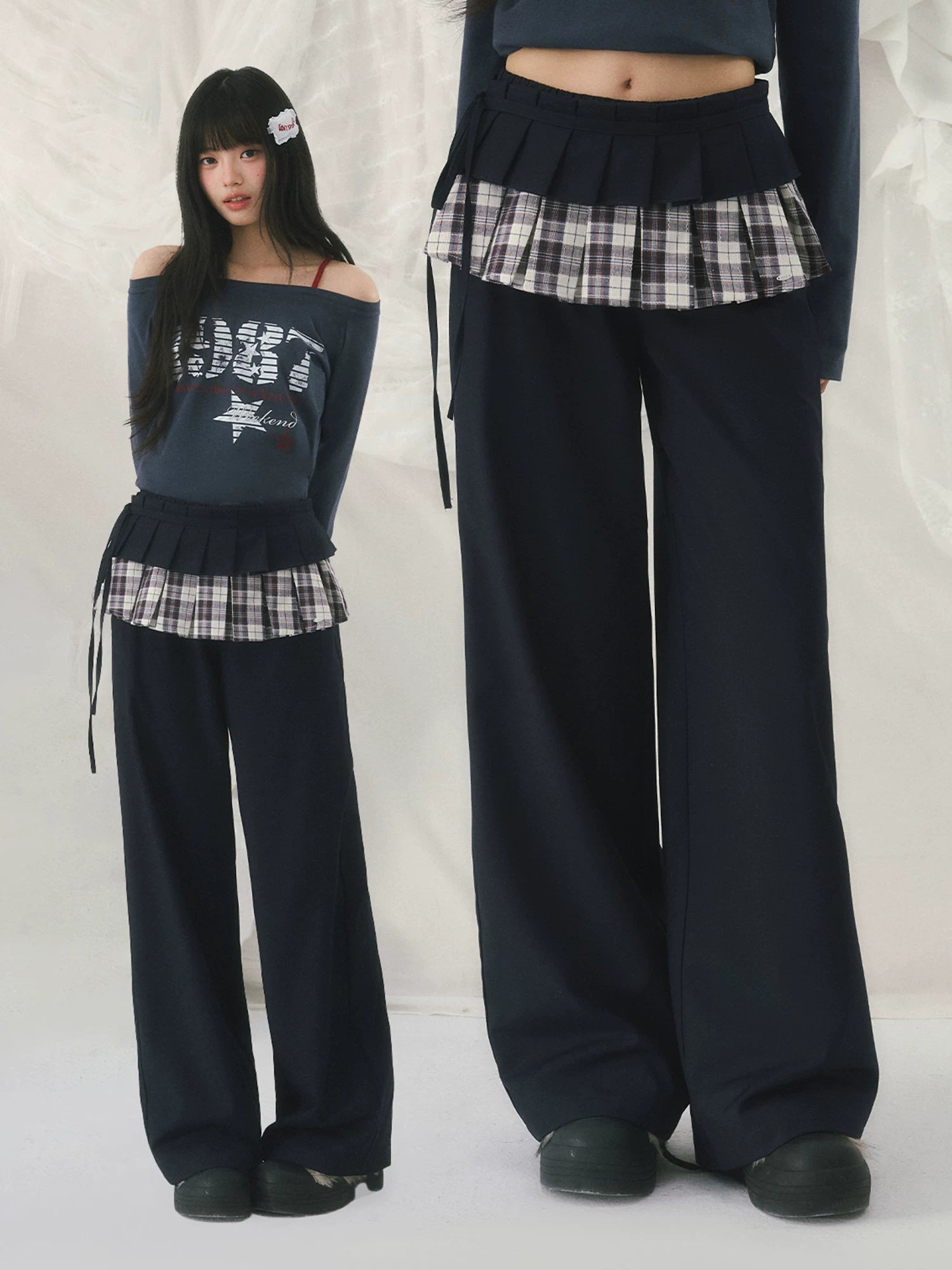 Navy Blue Plaid Panel Straight Pants