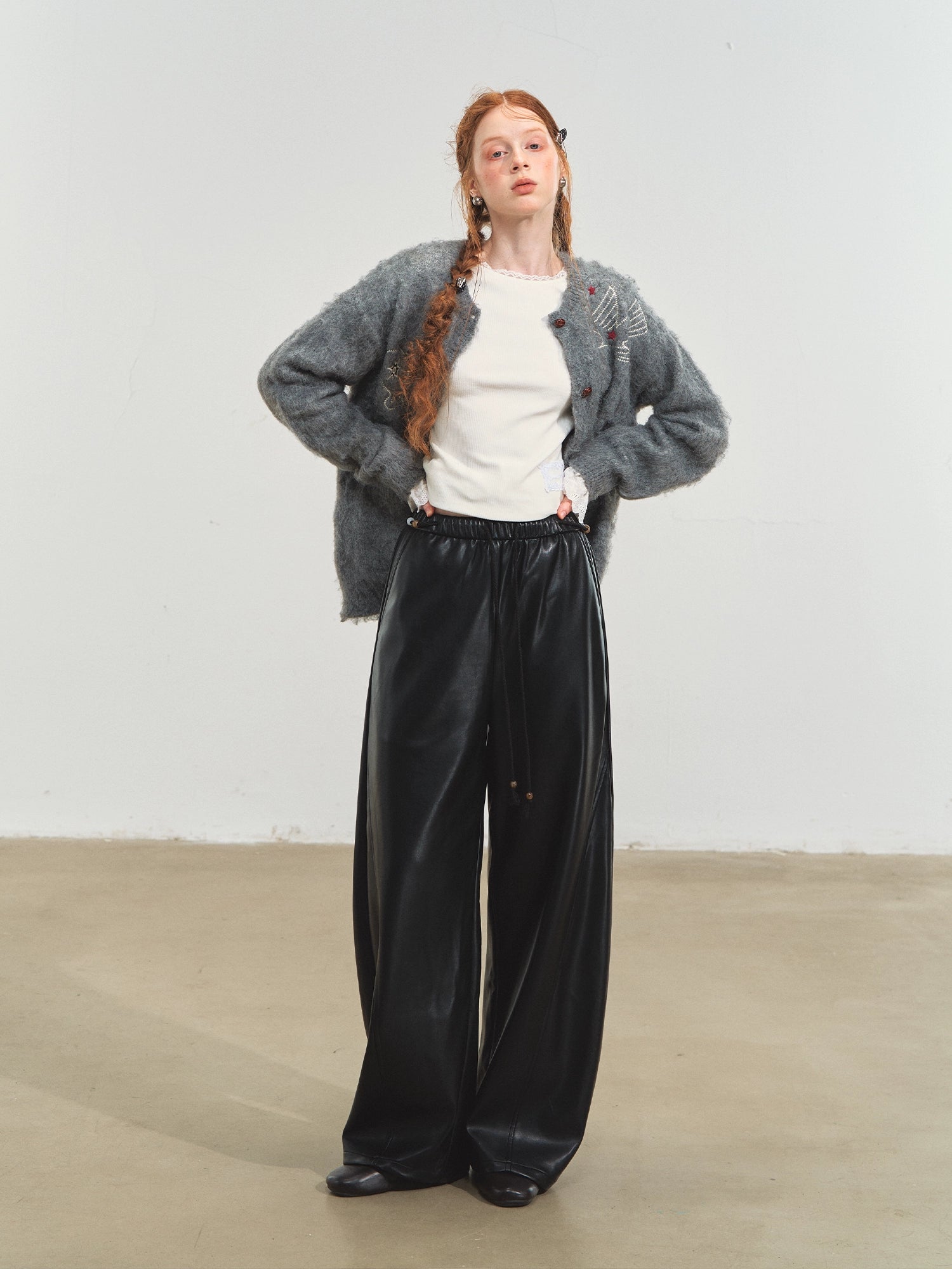 Relaxed Curve-Cut PU Pants