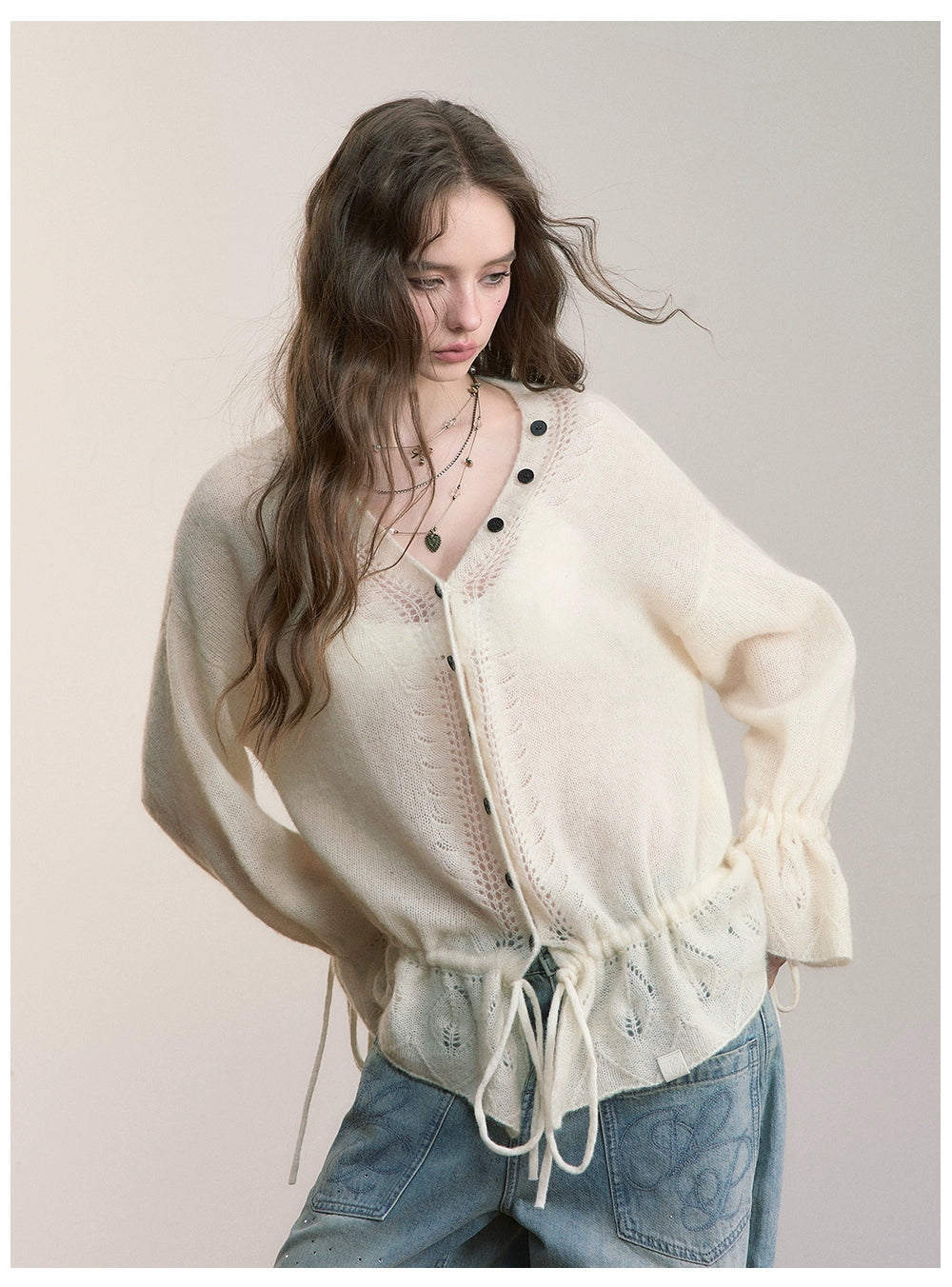 Brown & Off-white Drawstring Knit Cardigan