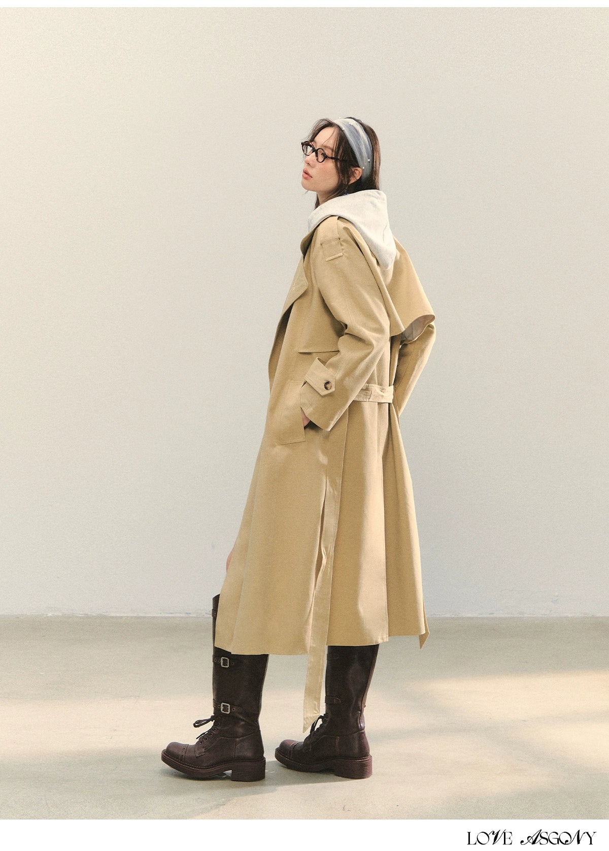 Khaki Embroidered Collar Khaki Long Trench Coat
