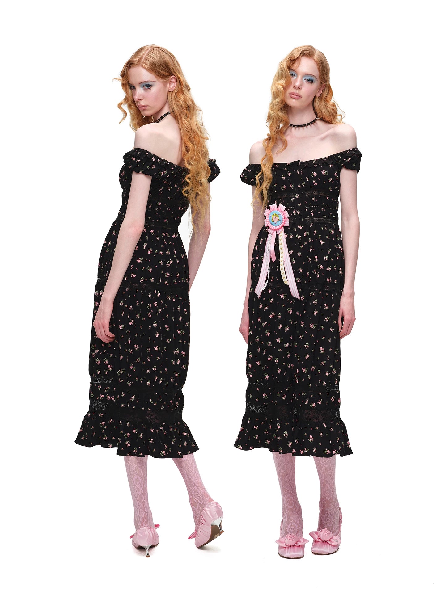 Floral Lace Puff-Sleeve Dress